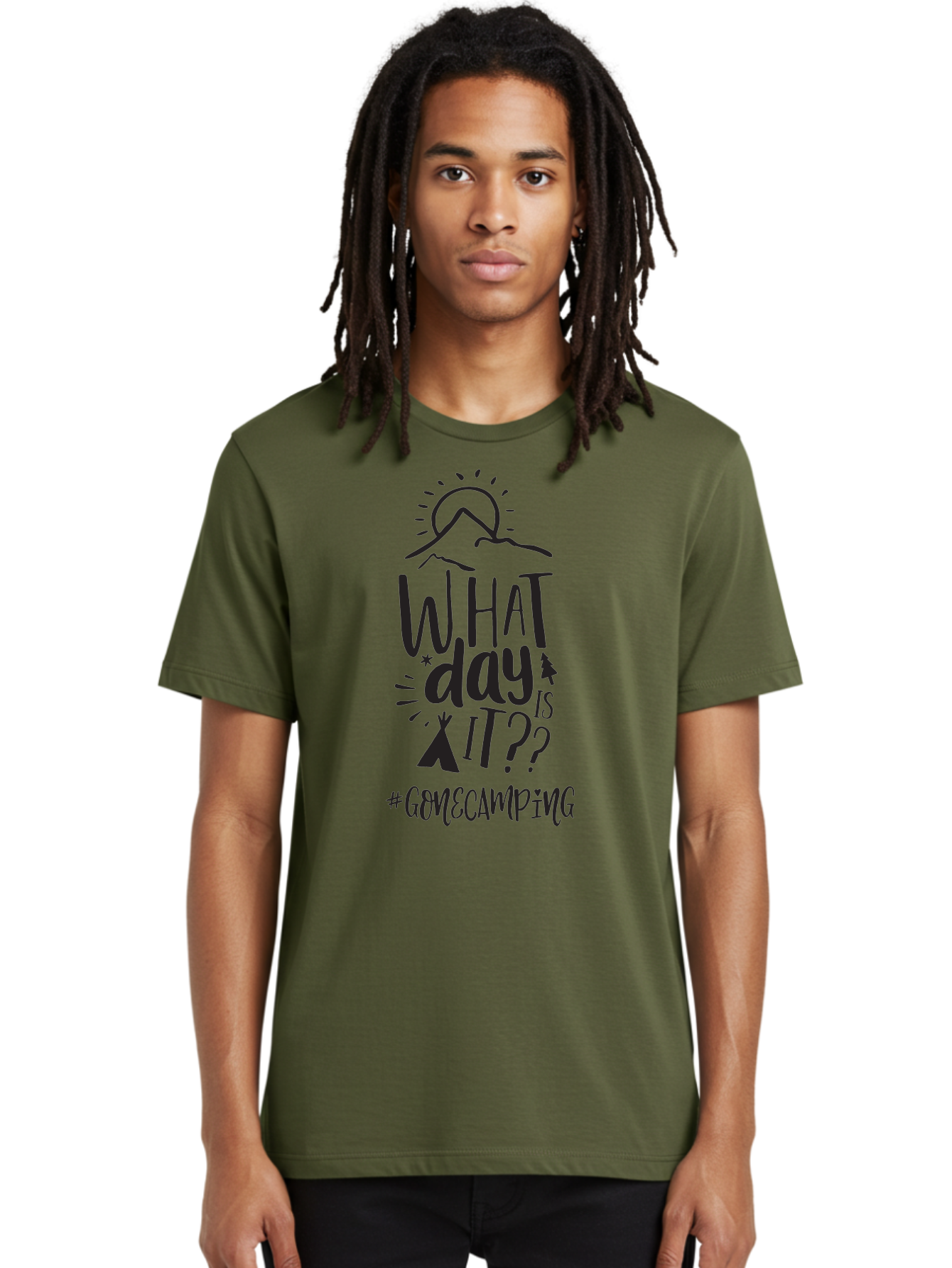 What-Day-Is-It-Gomecamping Men'S Graphic Tee, 100% Cotton, Comfortable Casual Summer Wear, Machine Washable, Camping Trip, Outdoor Adventure, Nature Escape, Teepee, Mountains, Sun, Stars, Hashtag Gomecamping, Camping Life, Weekend Getaway Aad297