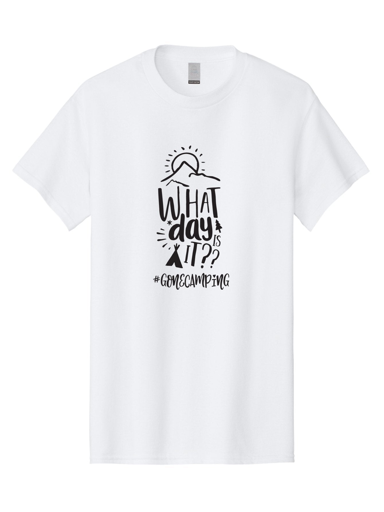 What-Day-Is-It-Gomecamping Men'S Graphic Tee, 100% Cotton, Comfortable Casual Summer Wear, Machine Washable, Camping Trip, Outdoor Adventure, Nature Escape, Teepee, Mountains, Sun, Stars, Hashtag Gomecamping, Camping Life, Weekend Getaway Aad297