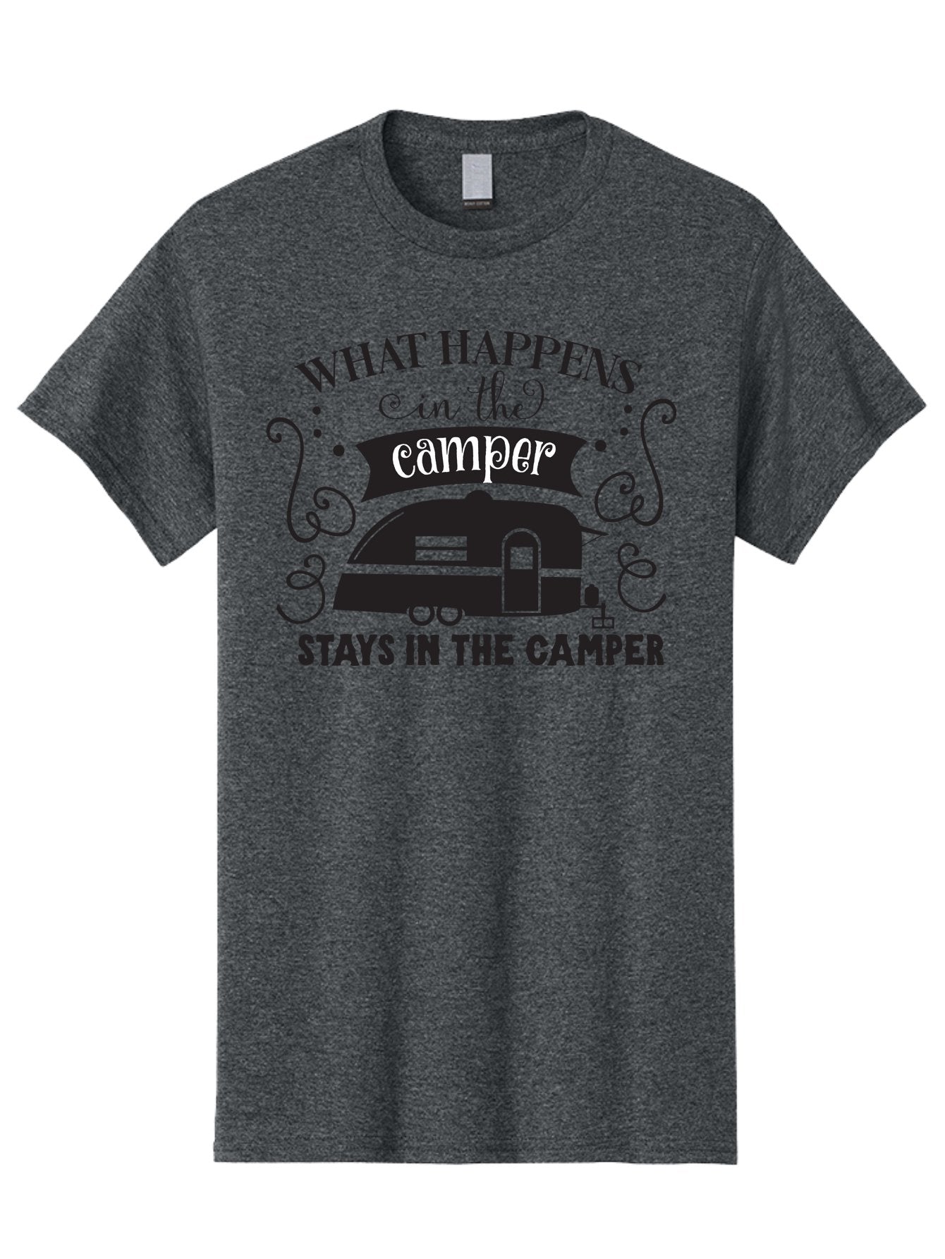 What-Happens-In-The-Camper Men'S Graphic Tee, 100% Cotton, Comfortable Casual Summer Wear, Machine Washable, Camper Trailer, Travel Trailer, Camping Humor, Funny Camping Quotes, Glamping, Outdoor Adventure, Camping Life, Rv Living, Aad299 15