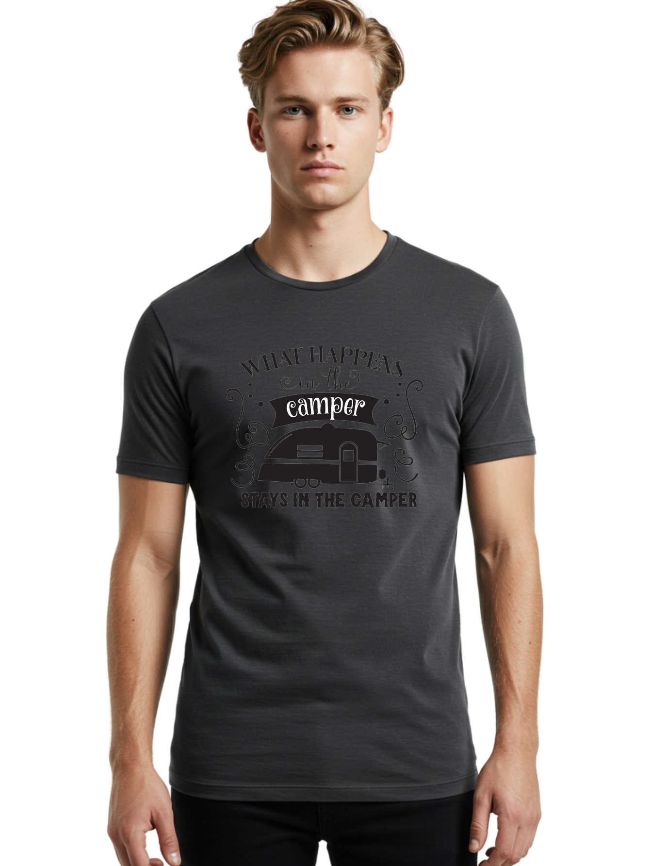What-Happens-In-The-Camper Men'S Graphic Tee, 100% Cotton, Comfortable Casual Summer Wear, Machine Washable, Camper Trailer, Travel Trailer, Camping Humor, Funny Camping Quotes, Glamping, Outdoor Adventure, Camping Life, Rv Living, Aad299