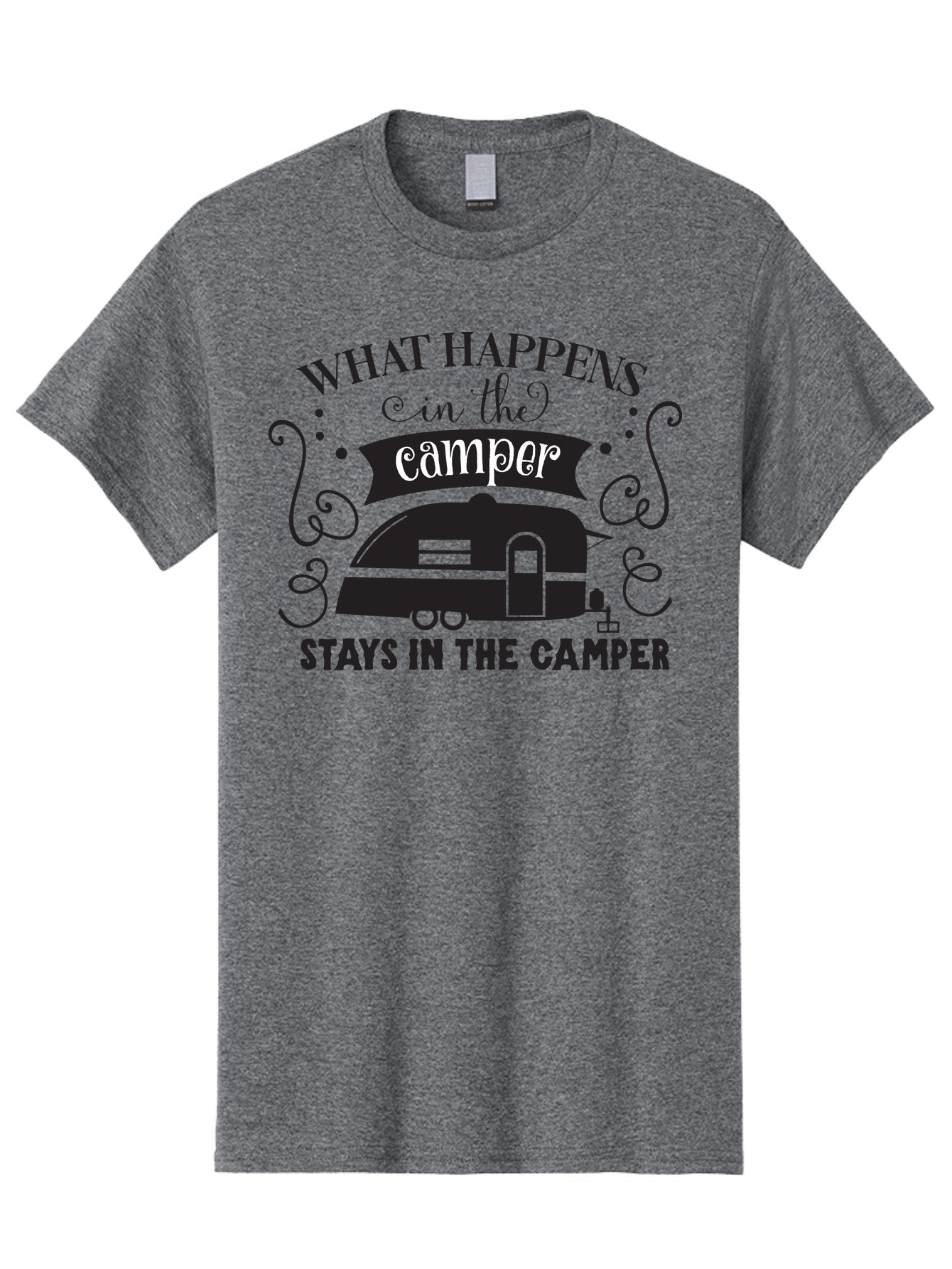 What-Happens-In-The-Camper Men'S Graphic Tee, 100% Cotton, Comfortable Casual Summer Wear, Machine Washable, Camper Trailer, Travel Trailer, Camping Humor, Funny Camping Quotes, Glamping, Outdoor Adventure, Camping Life, Rv Living, Aad299