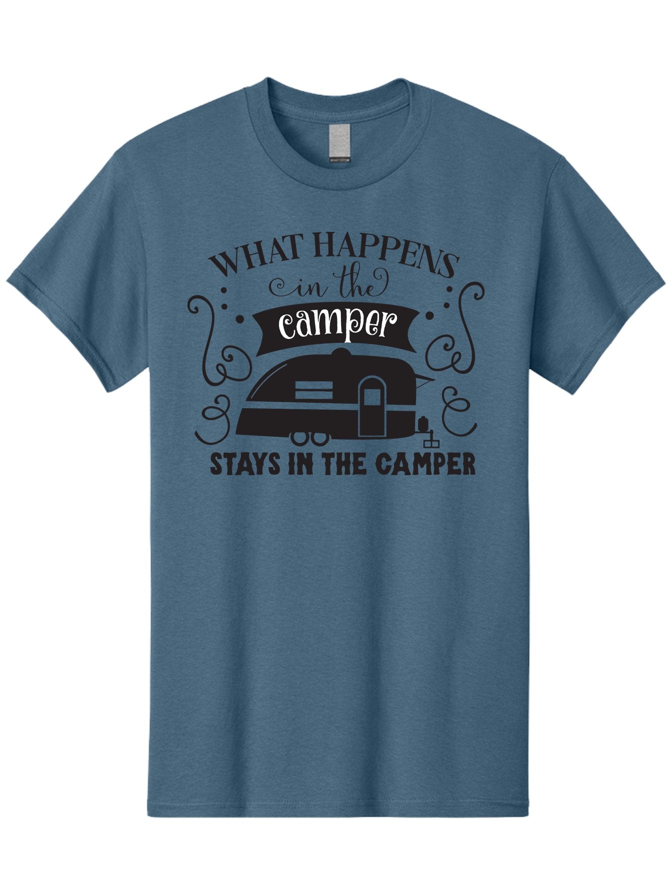 What-Happens-In-The-Camper Men'S Graphic Tee, 100% Cotton, Comfortable Casual Summer Wear, Machine Washable, Camper Trailer, Travel Trailer, Camping Humor, Funny Camping Quotes, Glamping, Outdoor Adventure, Camping Life, Rv Living, Aad299 9