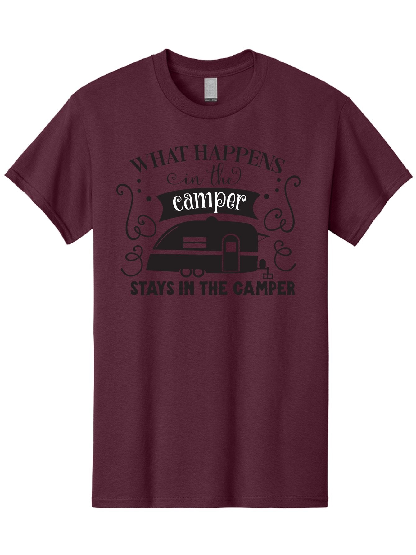 What-Happens-In-The-Camper Men'S Graphic Tee, 100% Cotton, Comfortable Casual Summer Wear, Machine Washable, Camper Trailer, Travel Trailer, Camping Humor, Funny Camping Quotes, Glamping, Outdoor Adventure, Camping Life, Rv Living, Aad299 4