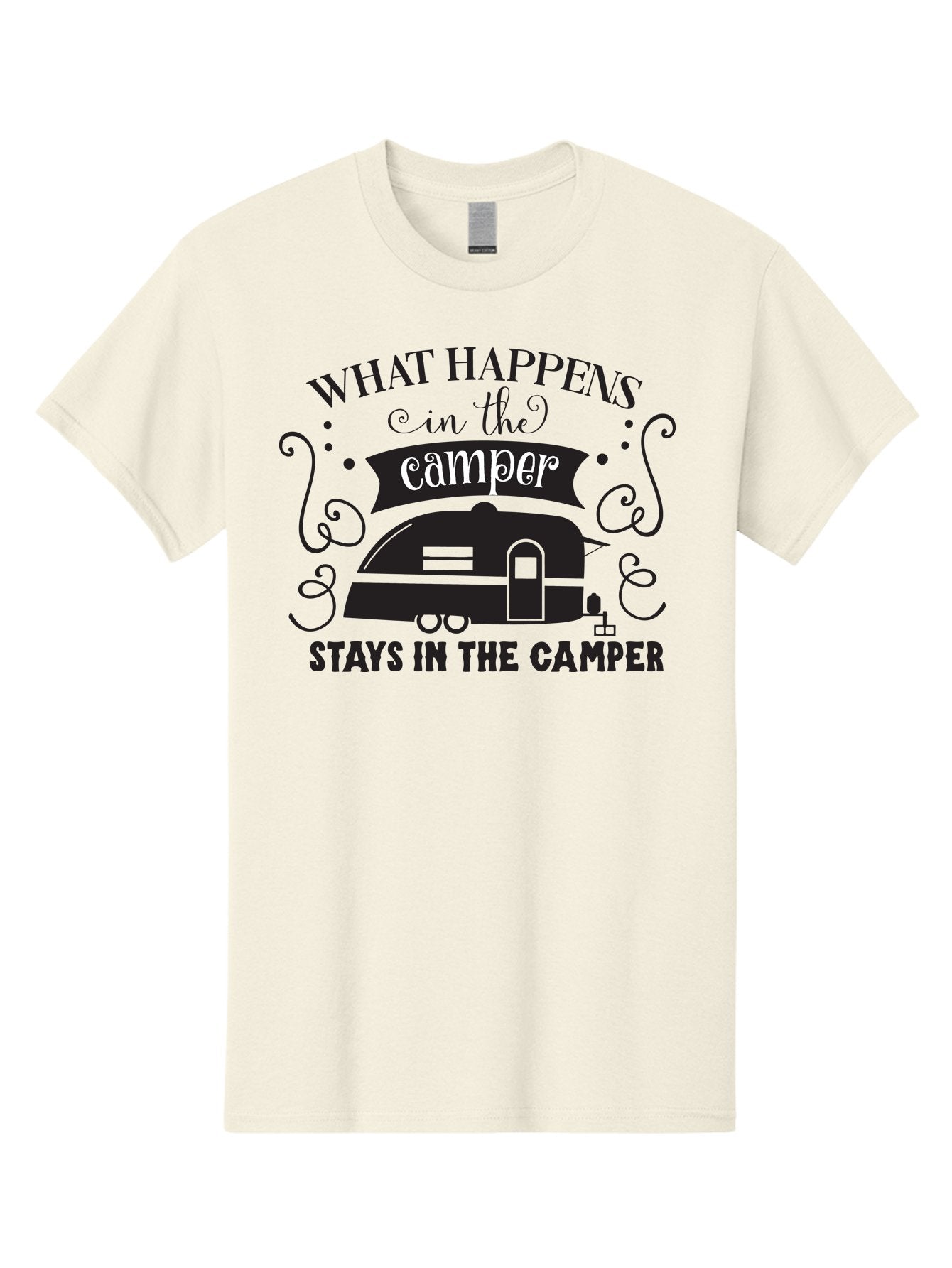 What-Happens-In-The-Camper Men'S Graphic Tee, 100% Cotton, Comfortable Casual Summer Wear, Machine Washable, Camper Trailer, Travel Trailer, Camping Humor, Funny Camping Quotes, Glamping, Outdoor Adventure, Camping Life, Rv Living, Aad299 3