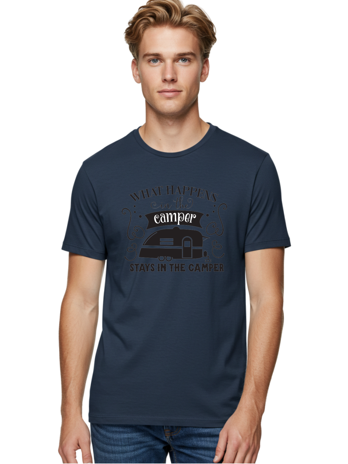 What-Happens-In-The-Camper Men'S Graphic Tee, 100% Cotton, Comfortable Casual Summer Wear, Machine Washable, Camper Trailer, Travel Trailer, Camping Humor, Funny Camping Quotes, Glamping, Outdoor Adventure, Camping Life, Rv Living, Aad299 8