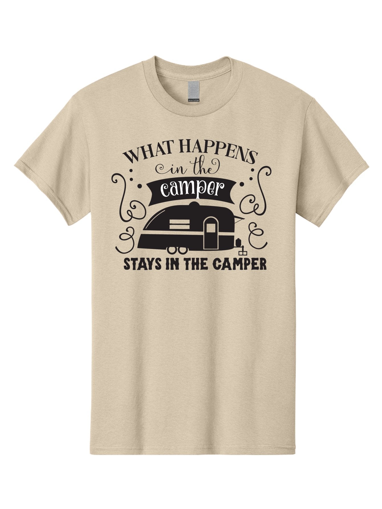 What-Happens-In-The-Camper Men'S Graphic Tee, 100% Cotton, Comfortable Casual Summer Wear, Machine Washable, Camper Trailer, Travel Trailer, Camping Humor, Funny Camping Quotes, Glamping, Outdoor Adventure, Camping Life, Rv Living, Aad299 14