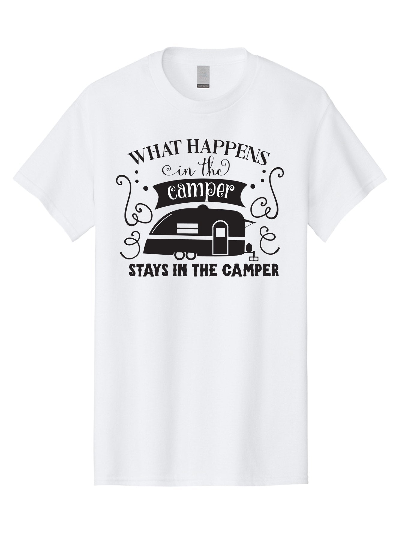 What-Happens-In-The-Camper Men'S Graphic Tee, 100% Cotton, Comfortable Casual Summer Wear, Machine Washable, Camper Trailer, Travel Trailer, Camping Humor, Funny Camping Quotes, Glamping, Outdoor Adventure, Camping Life, Rv Living, Aad299 12