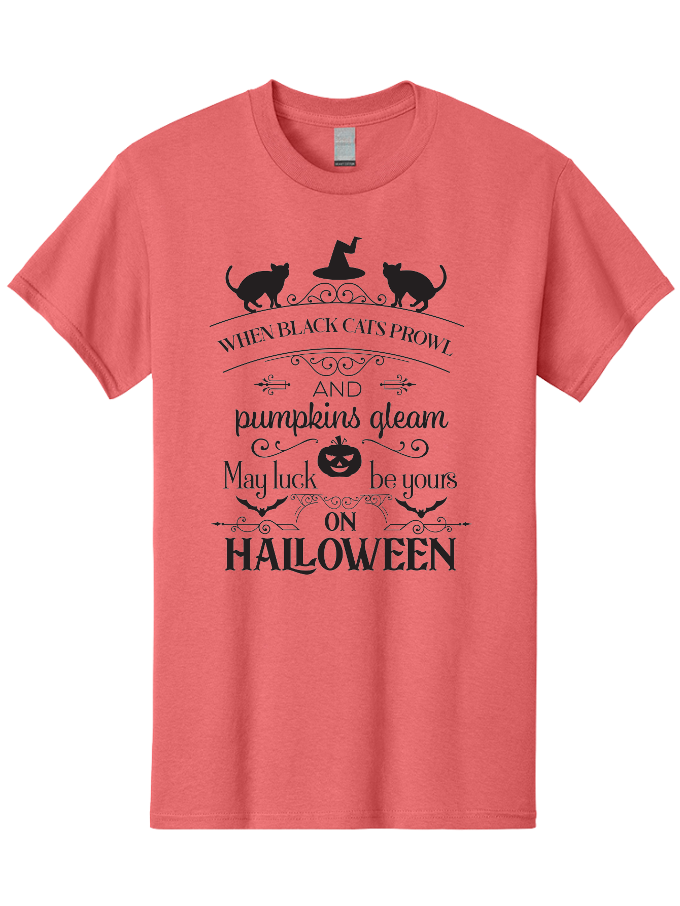 When-Black-Cats-Prowl Men'S Graphic Tee, 100% Cotton, Comfortable Casual Summer Wear, Machine Washable, Halloween Quote, Black Cats, Pumpkins, Halloween Luck, Spooky Season, Witch Hat, Autumn, Halloween Magic, Jack-O'-Lantern, Aad300 27