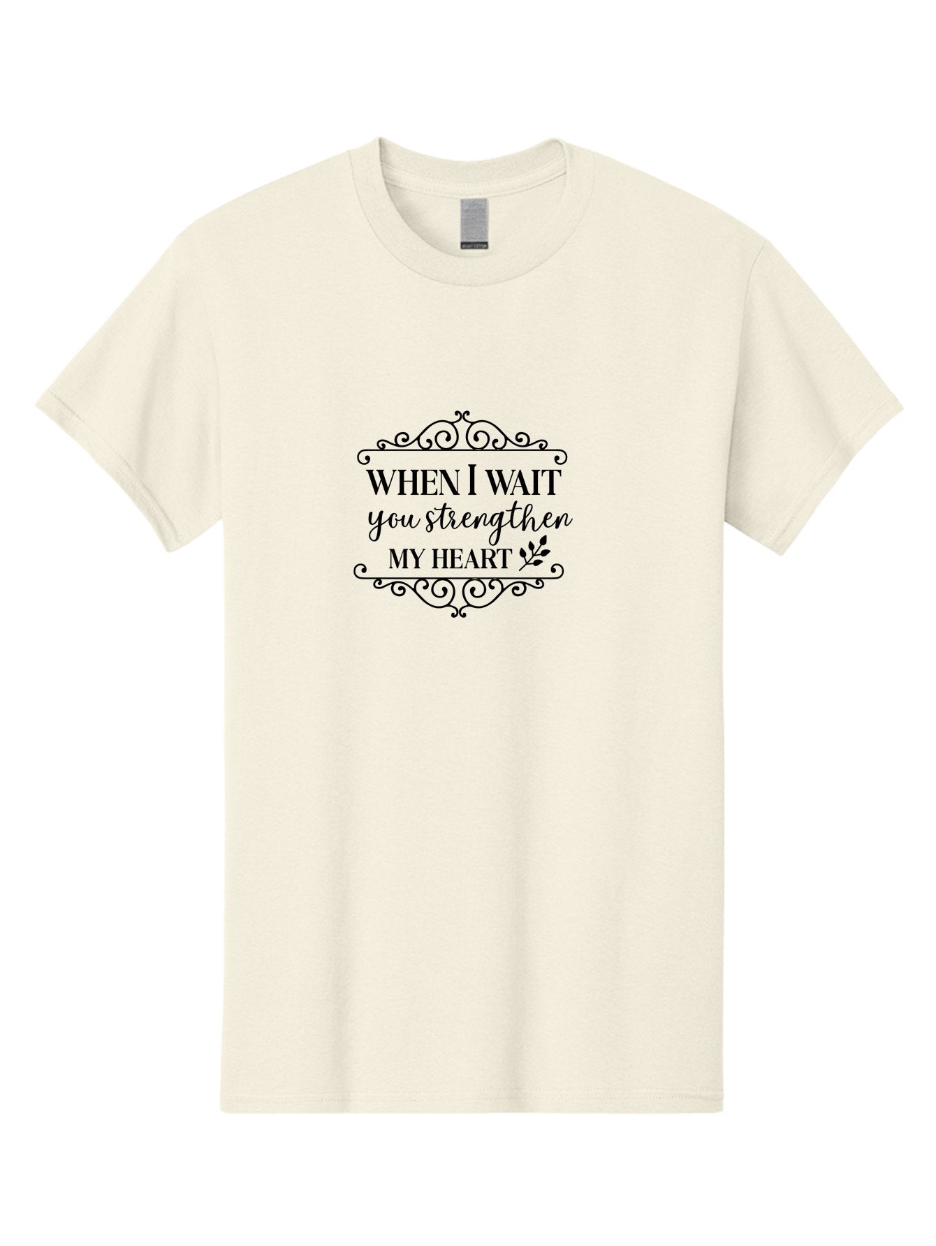 When-I-Wait-You-Strengthen-My-Heart Men'S Graphic Tee, 100% Cotton, Comfortable Casual Summer Wear, Machine Washable, Inspirational Quote, Motivational Phrase, Heartwarming Words, Floral Elements, Elegant Typography, Cursive Fonts, Aad305 9