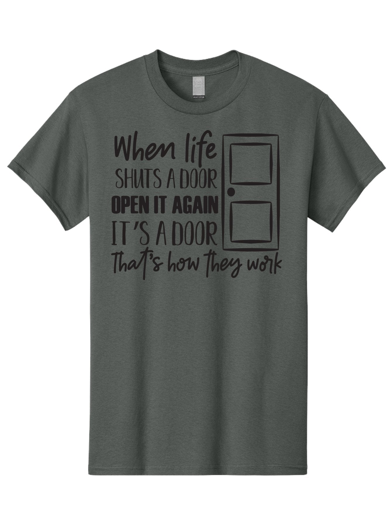 When-Life-Shuts-Door Men'S Graphic Tee, 100% Cotton, Comfortable Casual Summer Wear, Machine Washable, Inspirational Quote, Motivational Phrase, Door Illustration, New Opportunities, Positivity, Resilience, Perseverance, Success Aad307