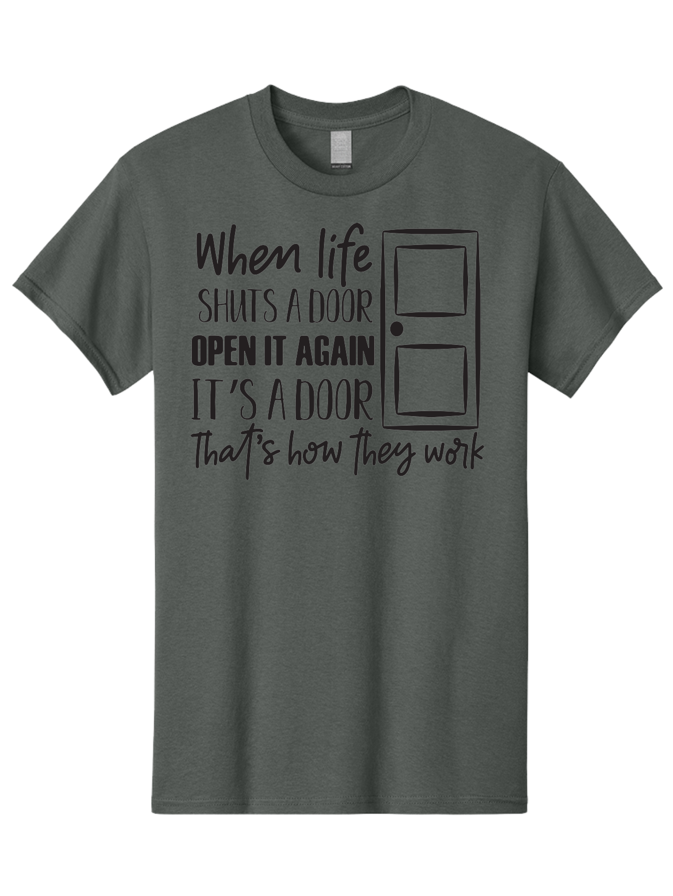 When-Life-Shuts-Door Men'S Graphic Tee, 100% Cotton, Comfortable Casual Summer Wear, Machine Washable, Inspirational Quote, Motivational Phrase, Door Illustration, New Opportunities, Positivity, Resilience, Perseverance, Success Aad307 19