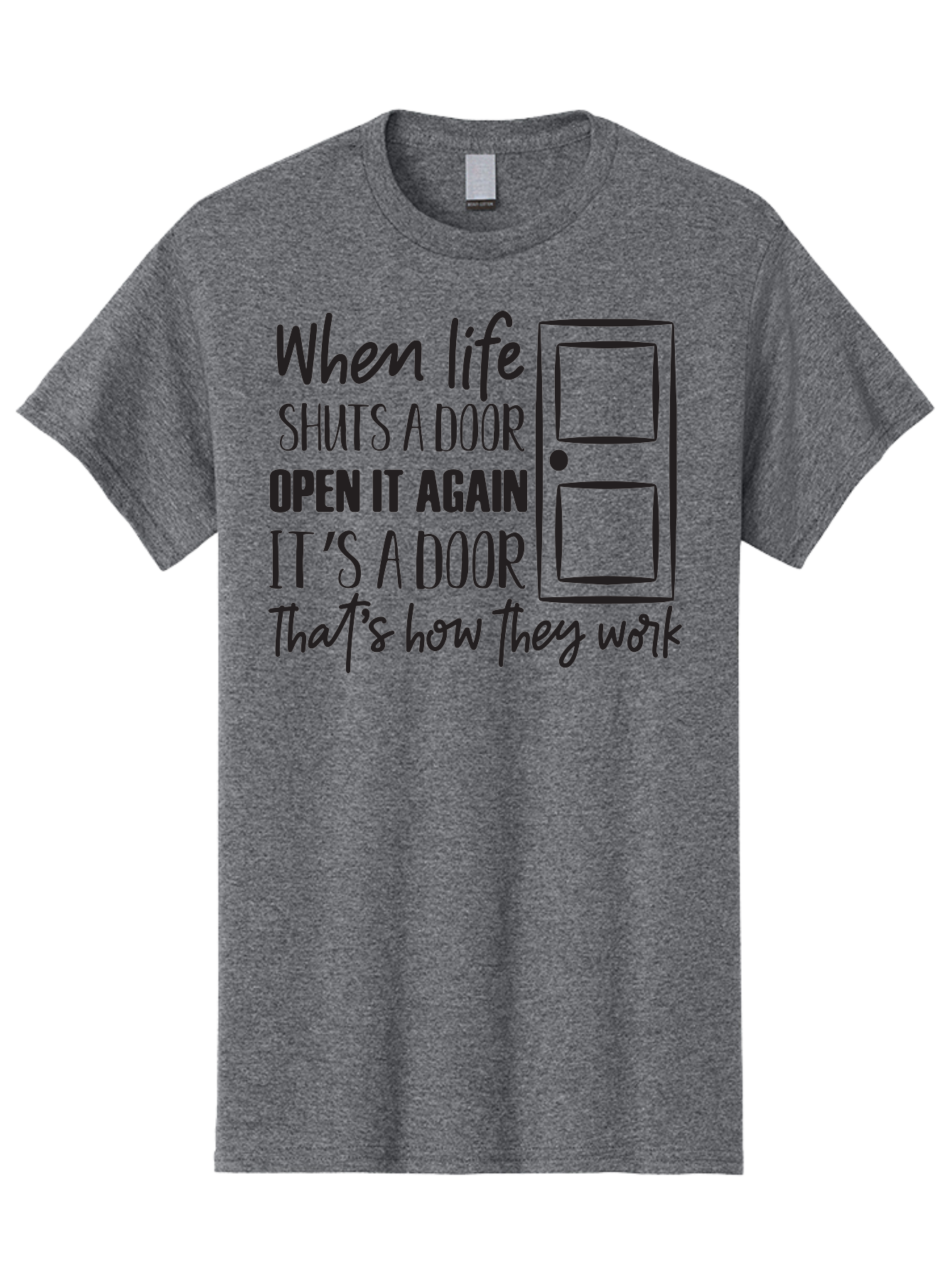 When-Life-Shuts-Door Men'S Graphic Tee, 100% Cotton, Comfortable Casual Summer Wear, Machine Washable, Inspirational Quote, Motivational Phrase, Door Illustration, New Opportunities, Positivity, Resilience, Perseverance, Success Aad307 27
