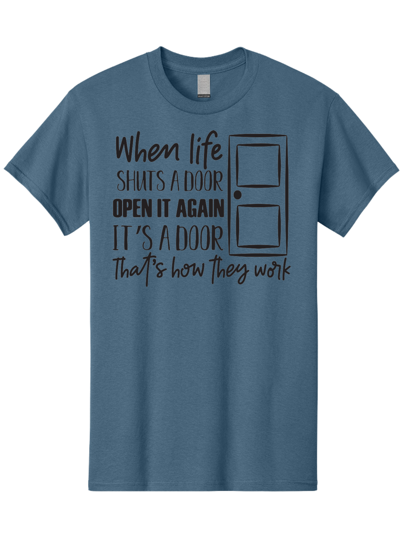 When-Life-Shuts-Door Men'S Graphic Tee, 100% Cotton, Comfortable Casual Summer Wear, Machine Washable, Inspirational Quote, Motivational Phrase, Door Illustration, New Opportunities, Positivity, Resilience, Perseverance, Success Aad307 23