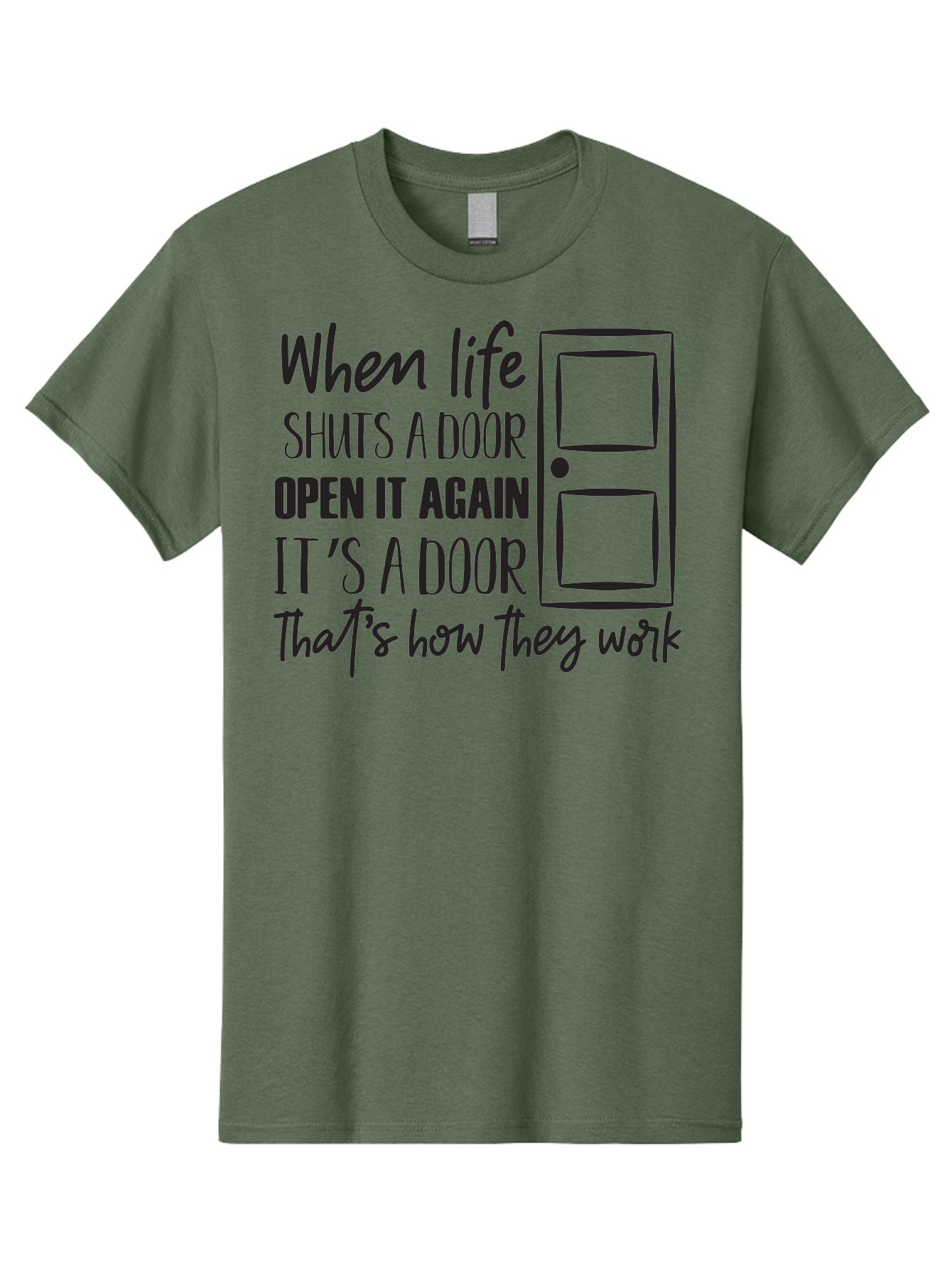 When-Life-Shuts-Door Men'S Graphic Tee, 100% Cotton, Comfortable Casual Summer Wear, Machine Washable, Inspirational Quote, Motivational Phrase, Door Illustration, New Opportunities, Positivity, Resilience, Perseverance, Success Aad307