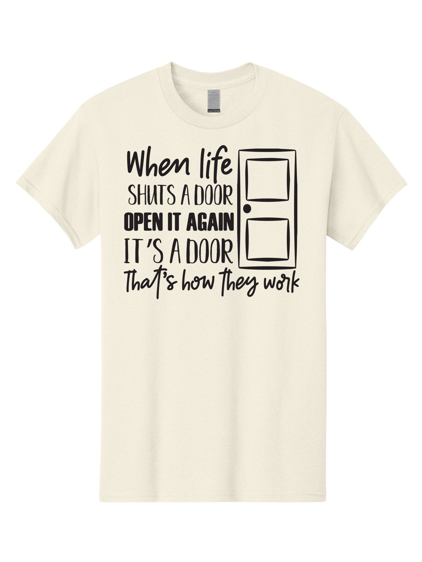 When-Life-Shuts-Door Men'S Graphic Tee, 100% Cotton, Comfortable Casual Summer Wear, Machine Washable, Inspirational Quote, Motivational Phrase, Door Illustration, New Opportunities, Positivity, Resilience, Perseverance, Success Aad307 14