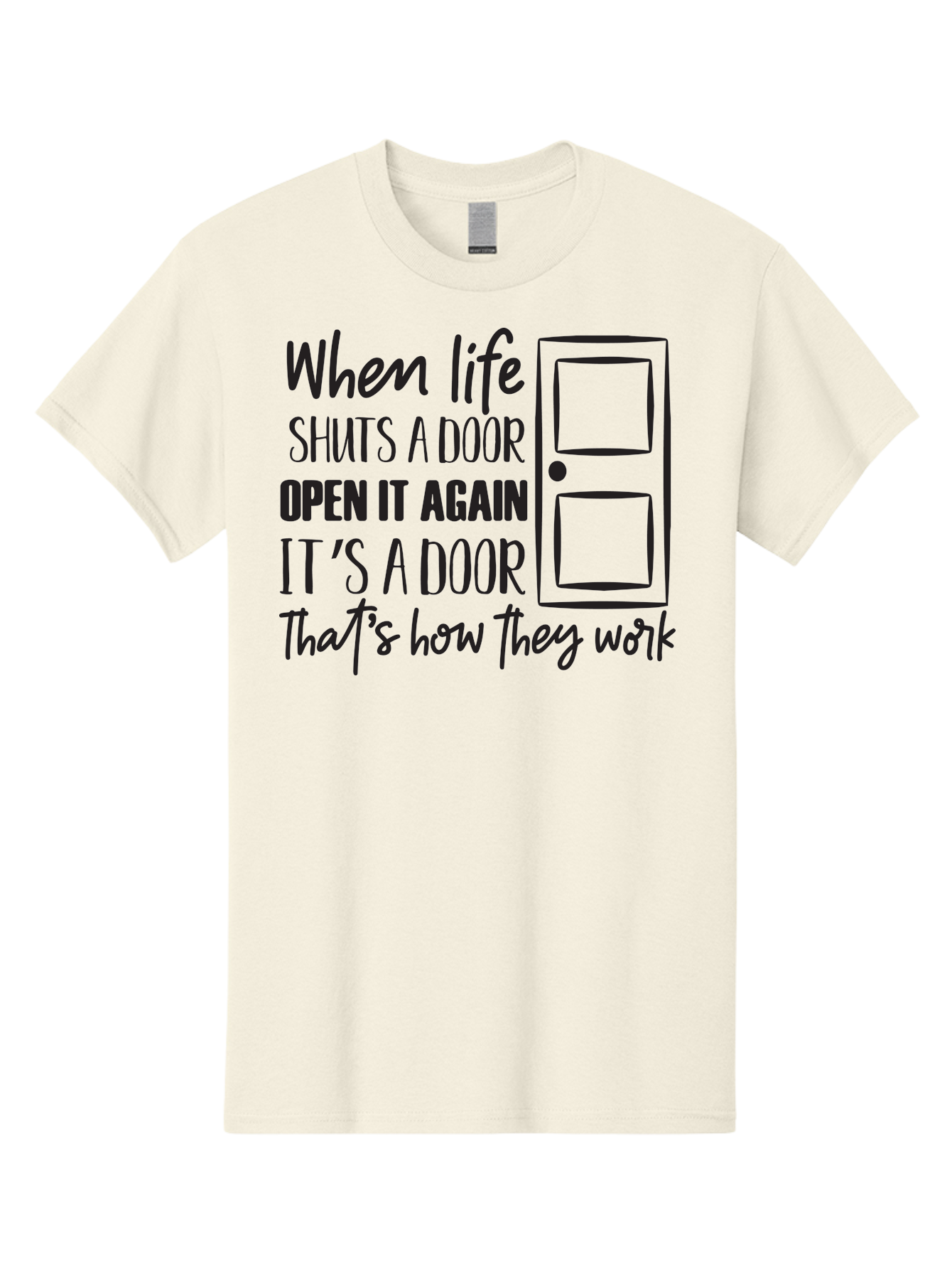 When-Life-Shuts-Door Men'S Graphic Tee, 100% Cotton, Comfortable Casual Summer Wear, Machine Washable, Inspirational Quote, Motivational Phrase, Door Illustration, New Opportunities, Positivity, Resilience, Perseverance, Success Aad307 3