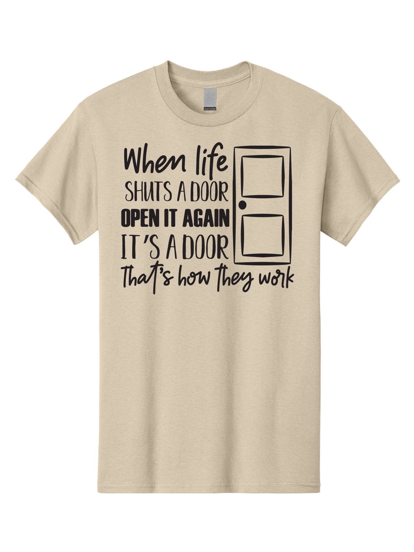 When-Life-Shuts-Door Men'S Graphic Tee, 100% Cotton, Comfortable Casual Summer Wear, Machine Washable, Inspirational Quote, Motivational Phrase, Door Illustration, New Opportunities, Positivity, Resilience, Perseverance, Success Aad307 3