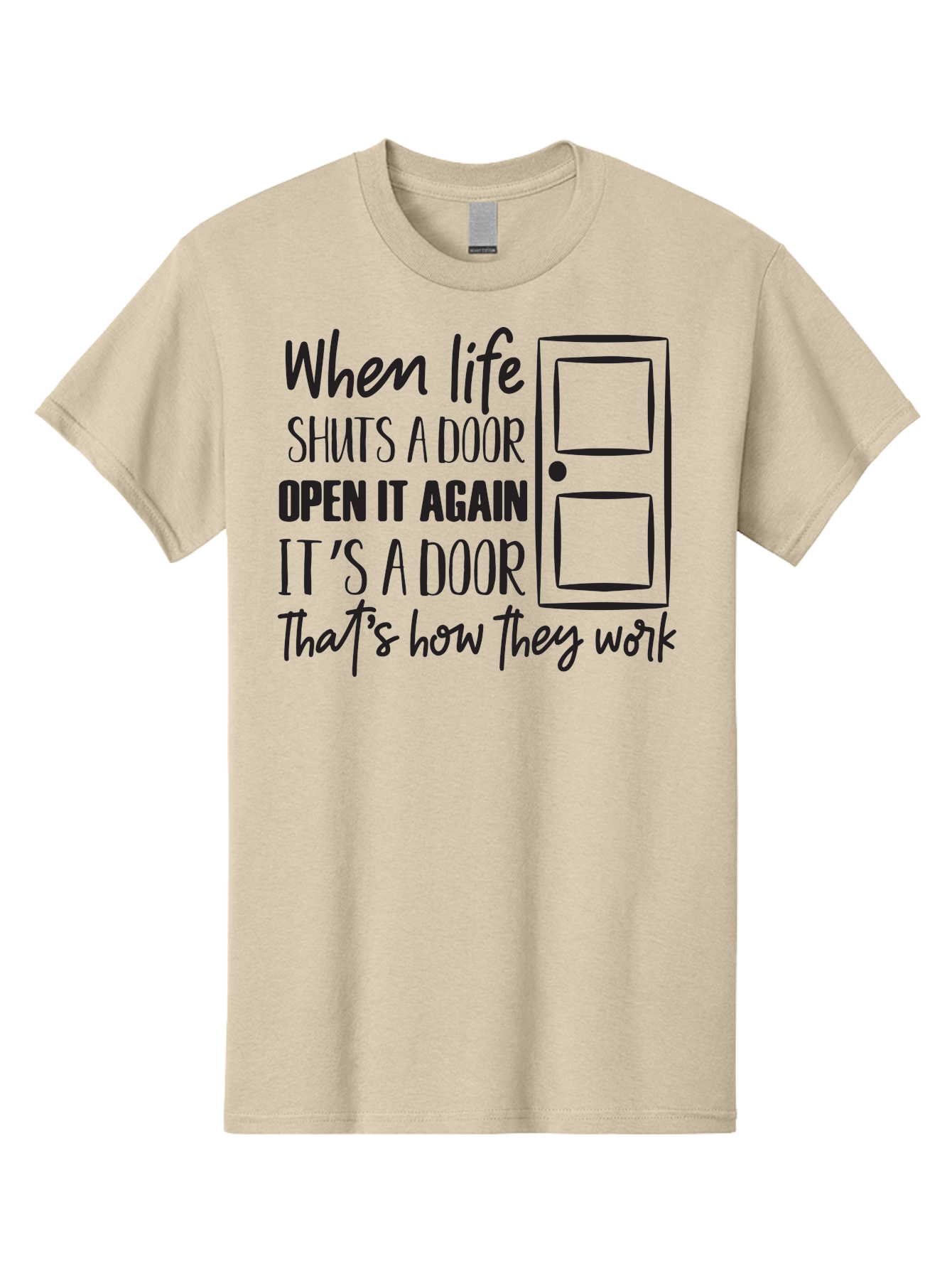 When-Life-Shuts-Door Men'S Graphic Tee, 100% Cotton, Comfortable Casual Summer Wear, Machine Washable, Inspirational Quote, Motivational Phrase, Door Illustration, New Opportunities, Positivity, Resilience, Perseverance, Success Aad307 17