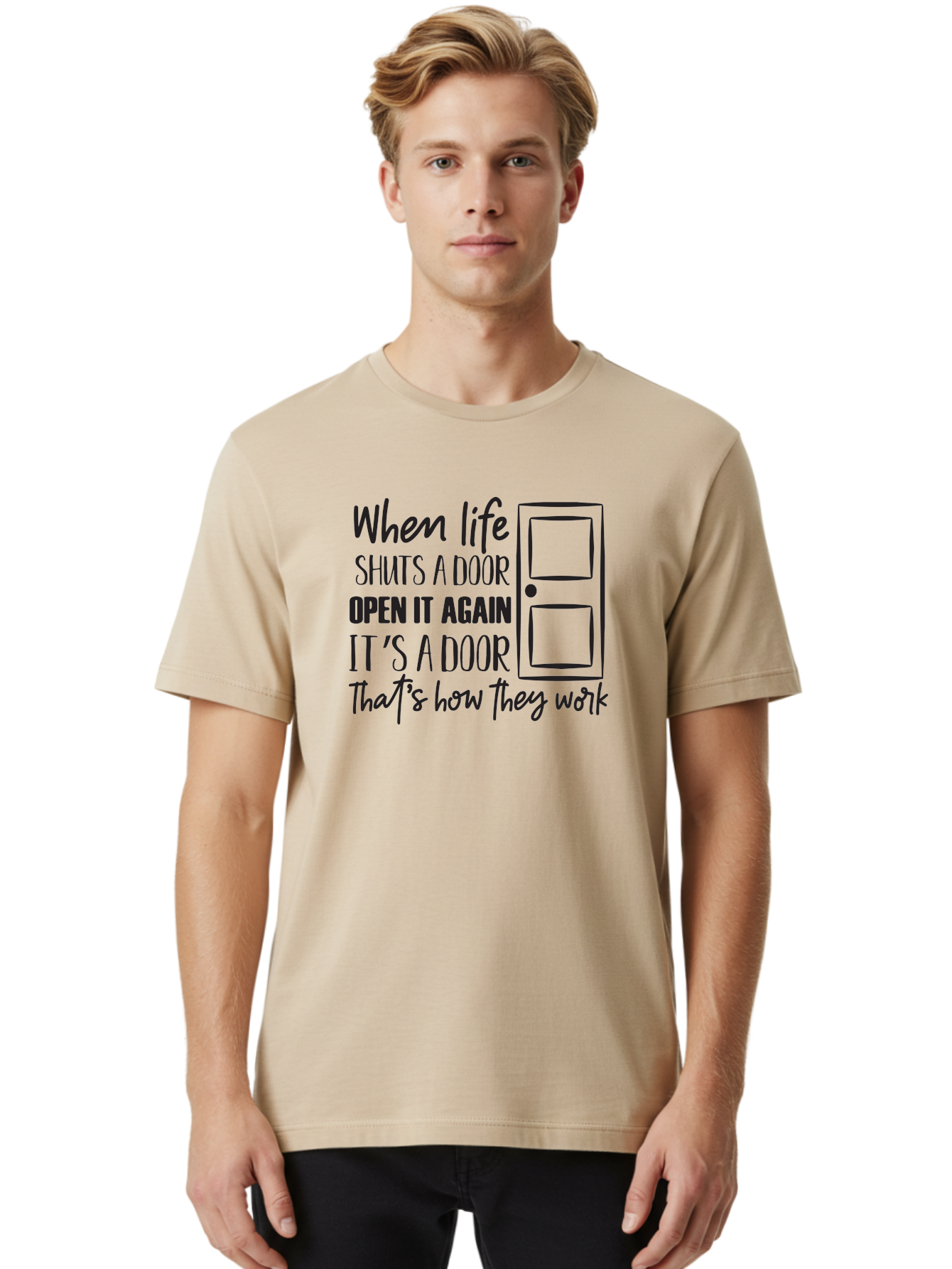 When-Life-Shuts-Door Men'S Graphic Tee, 100% Cotton, Comfortable Casual Summer Wear, Machine Washable, Inspirational Quote, Motivational Phrase, Door Illustration, New Opportunities, Positivity, Resilience, Perseverance, Success Aad307 18