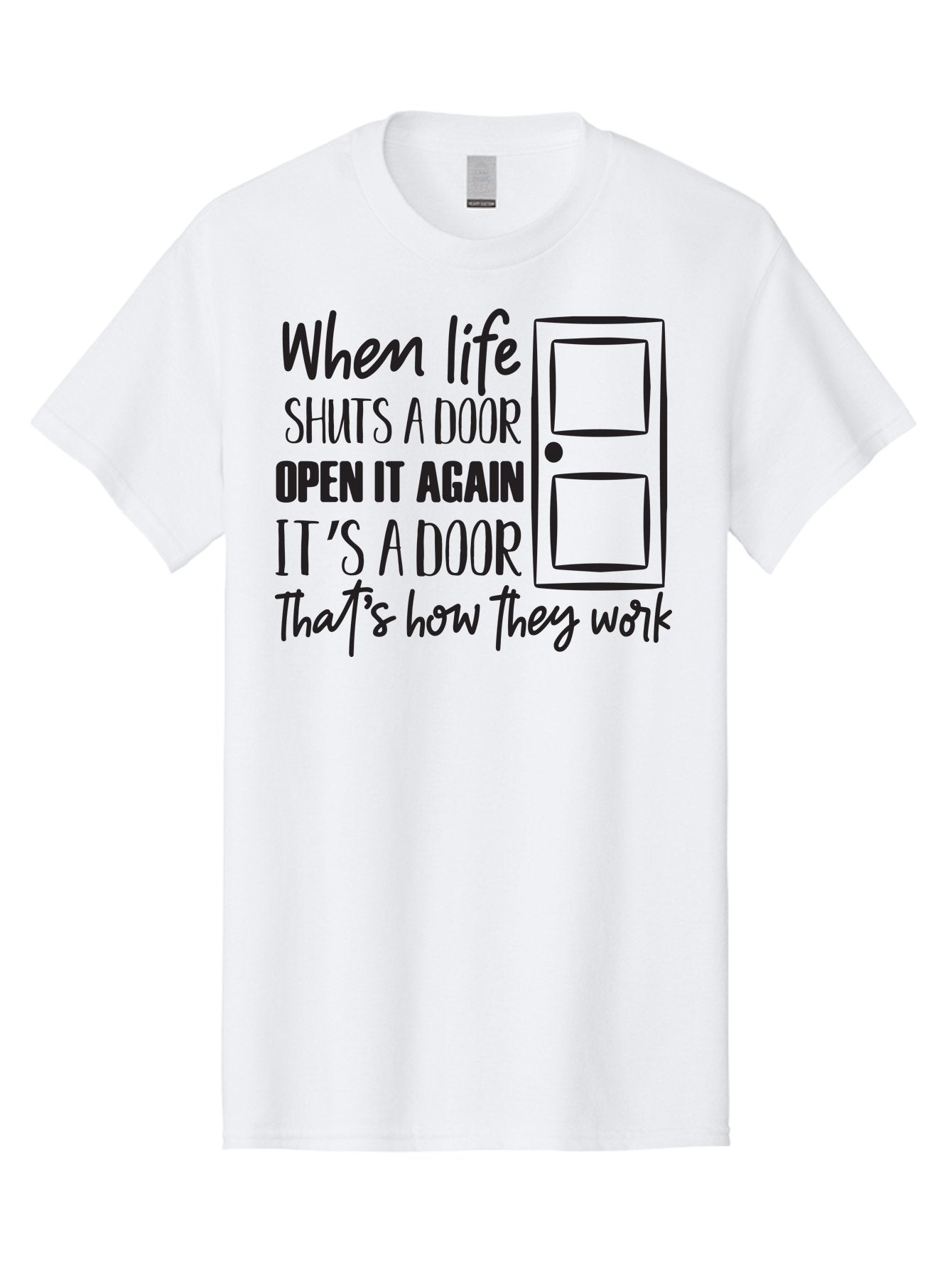 When-Life-Shuts-Door Men'S Graphic Tee, 100% Cotton, Comfortable Casual Summer Wear, Machine Washable, Inspirational Quote, Motivational Phrase, Door Illustration, New Opportunities, Positivity, Resilience, Perseverance, Success Aad307 13