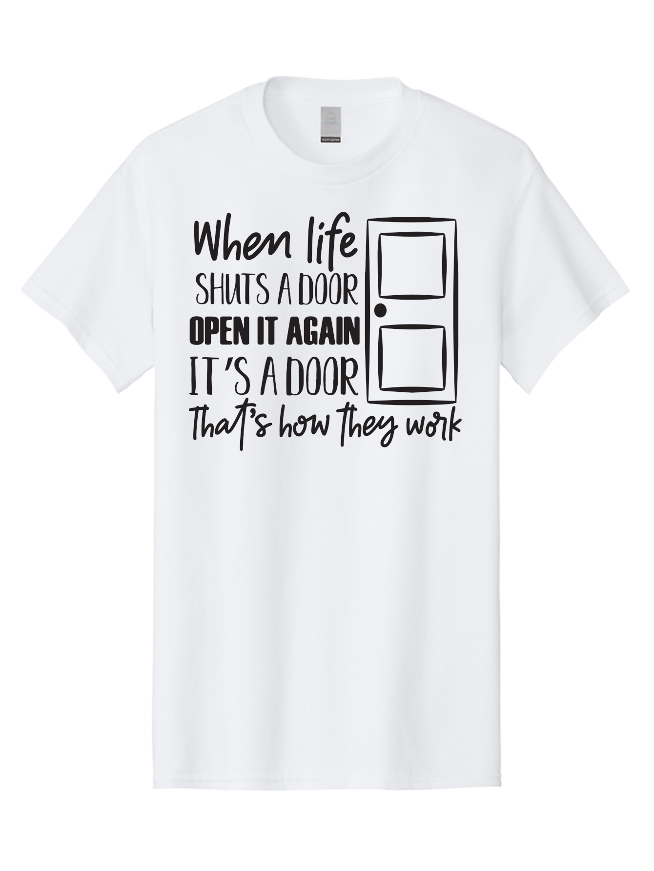 When-Life-Shuts-Door Men'S Graphic Tee, 100% Cotton, Comfortable Casual Summer Wear, Machine Washable, Inspirational Quote, Motivational Phrase, Door Illustration, New Opportunities, Positivity, Resilience, Perseverance, Success Aad307 29