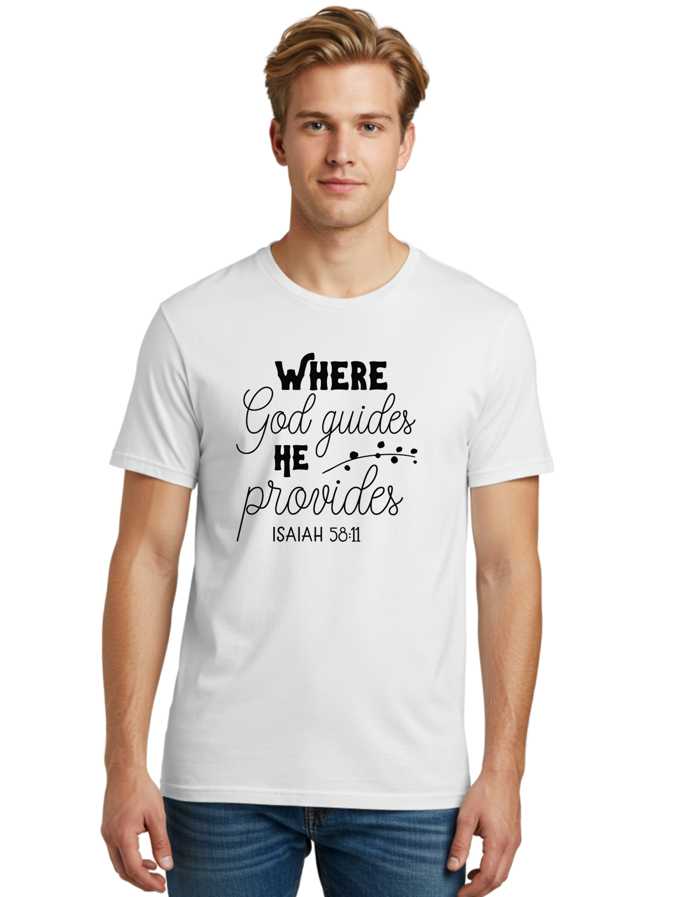 Where-God-Guides-He-Provides-1 Men'S Graphic Tee, 100% Cotton, Comfortable Casual Summer Wear, Machine Washable, Inspirational Quote, Isaiah 58:11, Bible Verse, Christian Faith, Motivation, Guidance, Provision, Spiritual Growth, Hope, Aad309 6