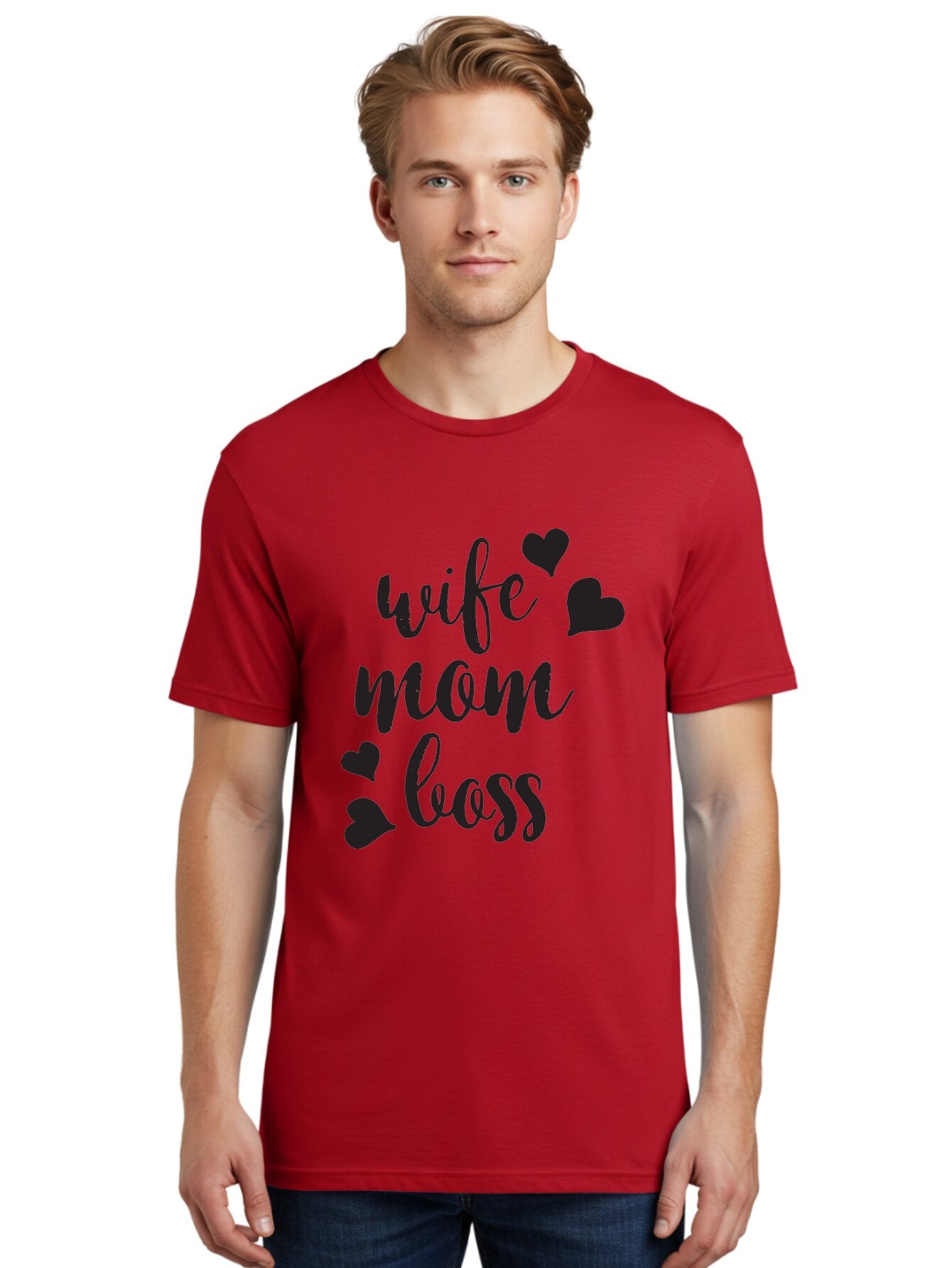 Wife-Mom-Boss Men'S Graphic Tee, 100% Cotton, Comfortable Casual Summer Wear, Machine Washable, Wife Mom Boss, Inspirational Quotes, Motivational Sayings, Empowering Women, Girl Power, Black Lettering, Heart Graphics, Modern Calligraphy Aad312 30