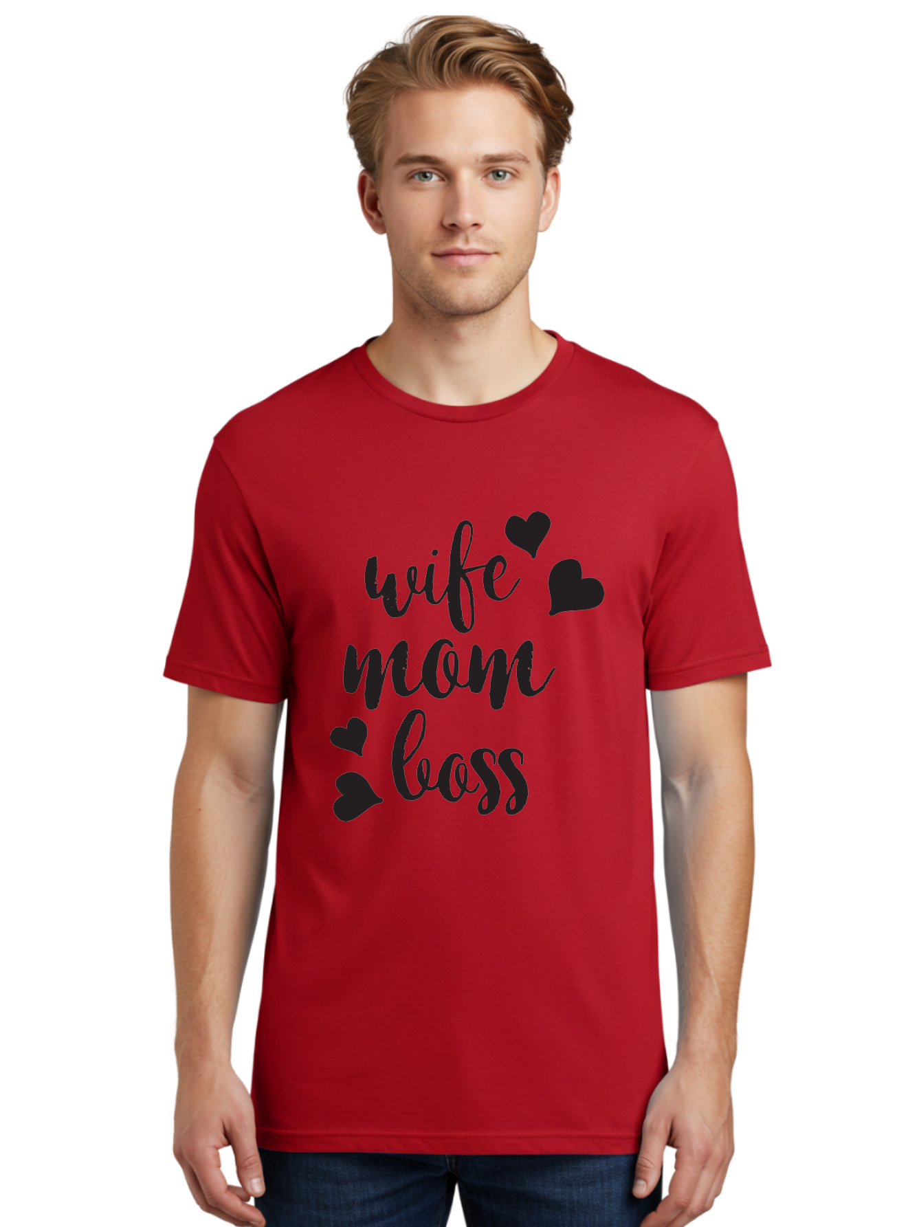 Wife-Mom-Boss Men'S Graphic Tee, 100% Cotton, Comfortable Casual Summer Wear, Machine Washable, Wife Mom Boss, Inspirational Quotes, Motivational Sayings, Empowering Women, Girl Power, Black Lettering, Heart Graphics, Modern Calligraphy Aad312