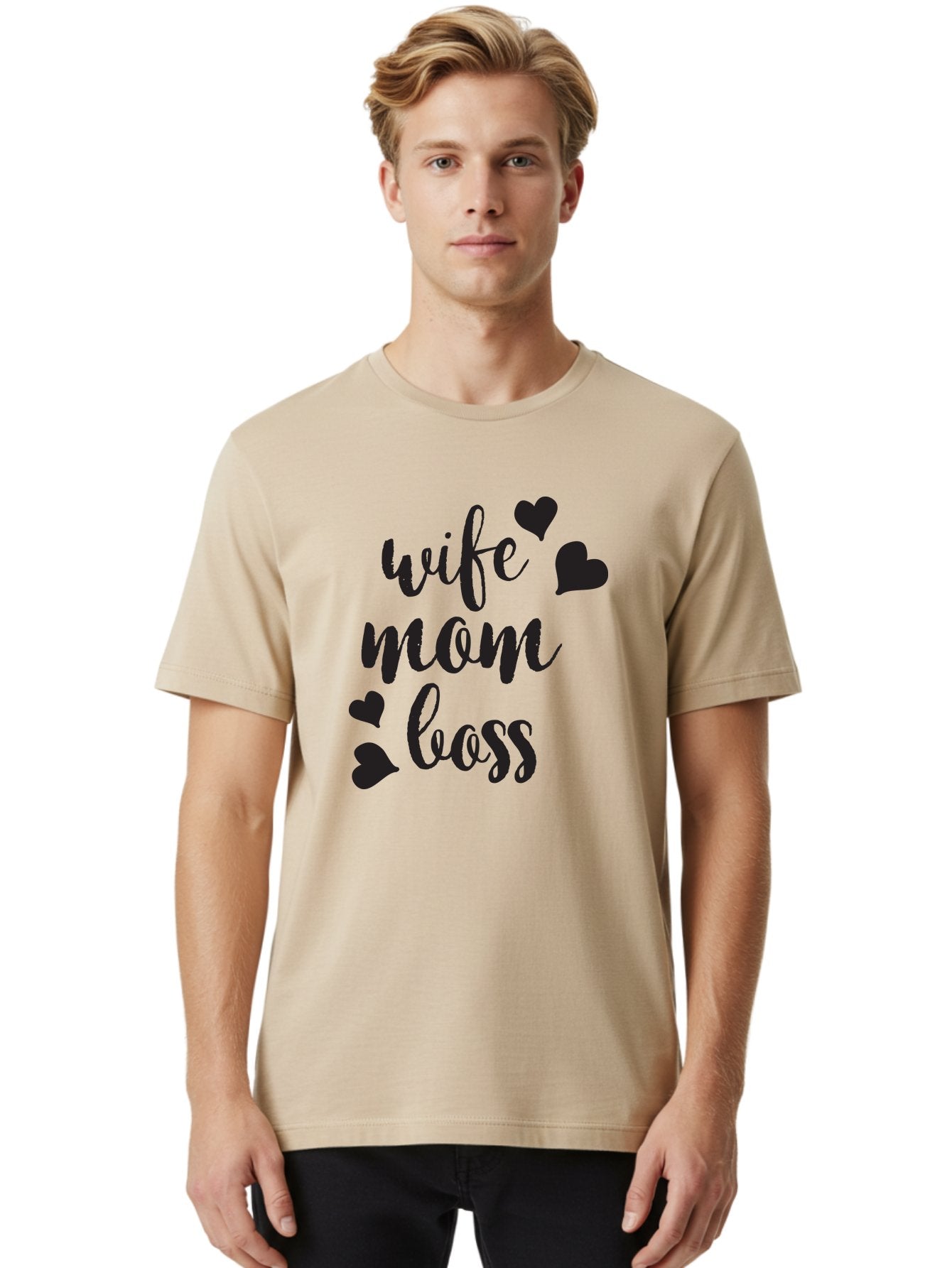 Wife-Mom-Boss Men'S Graphic Tee, 100% Cotton, Comfortable Casual Summer Wear, Machine Washable, Wife Mom Boss, Inspirational Quotes, Motivational Sayings, Empowering Women, Girl Power, Black Lettering, Heart Graphics, Modern Calligraphy Aad312 20