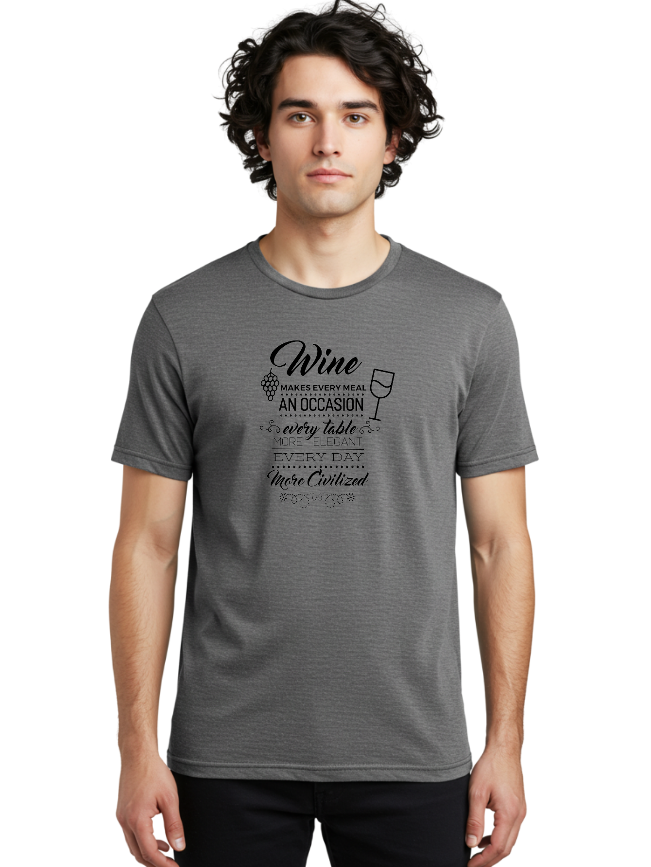 Wine-Makes-Every-Meal Men'S Graphic Tee, 100% Cotton, Comfortable Casual Summer Wear, Machine Washable, Wine Quote, Elegant Table Setting, Fine Dining, Wine And Grapes, Sophisticated Atmosphere, Luxury Lifestyle, Dinner Party, Wine Enthusiasts Aad314 24