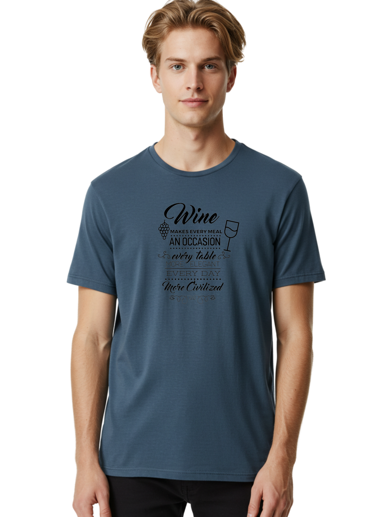 Wine-Makes-Every-Meal Men'S Graphic Tee, 100% Cotton, Comfortable Casual Summer Wear, Machine Washable, Wine Quote, Elegant Table Setting, Fine Dining, Wine And Grapes, Sophisticated Atmosphere, Luxury Lifestyle, Dinner Party, Wine Enthusiasts Aad314 26