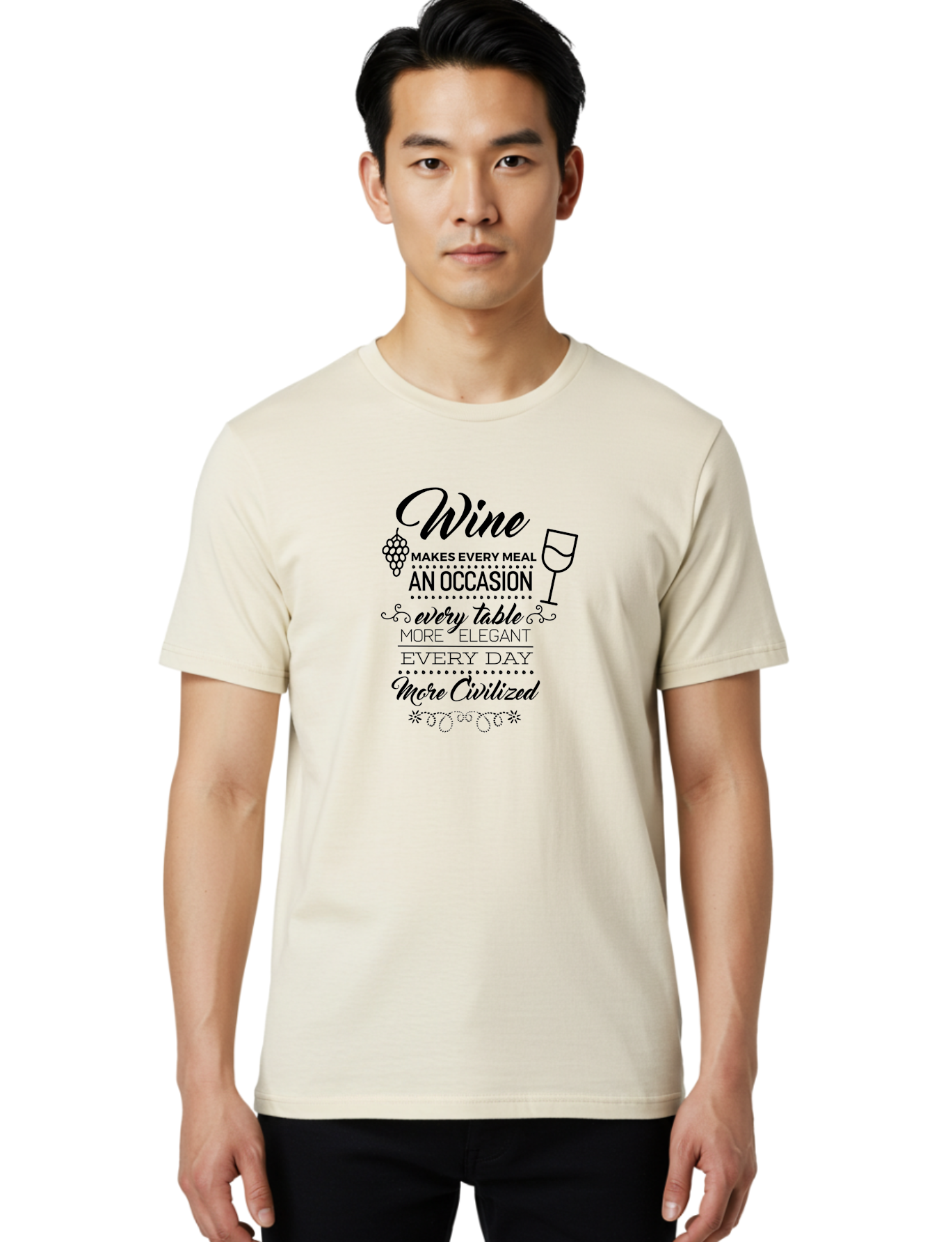 Wine-Makes-Every-Meal Men'S Graphic Tee, 100% Cotton, Comfortable Casual Summer Wear, Machine Washable, Wine Quote, Elegant Table Setting, Fine Dining, Wine And Grapes, Sophisticated Atmosphere, Luxury Lifestyle, Dinner Party, Wine Enthusiasts Aad314 10