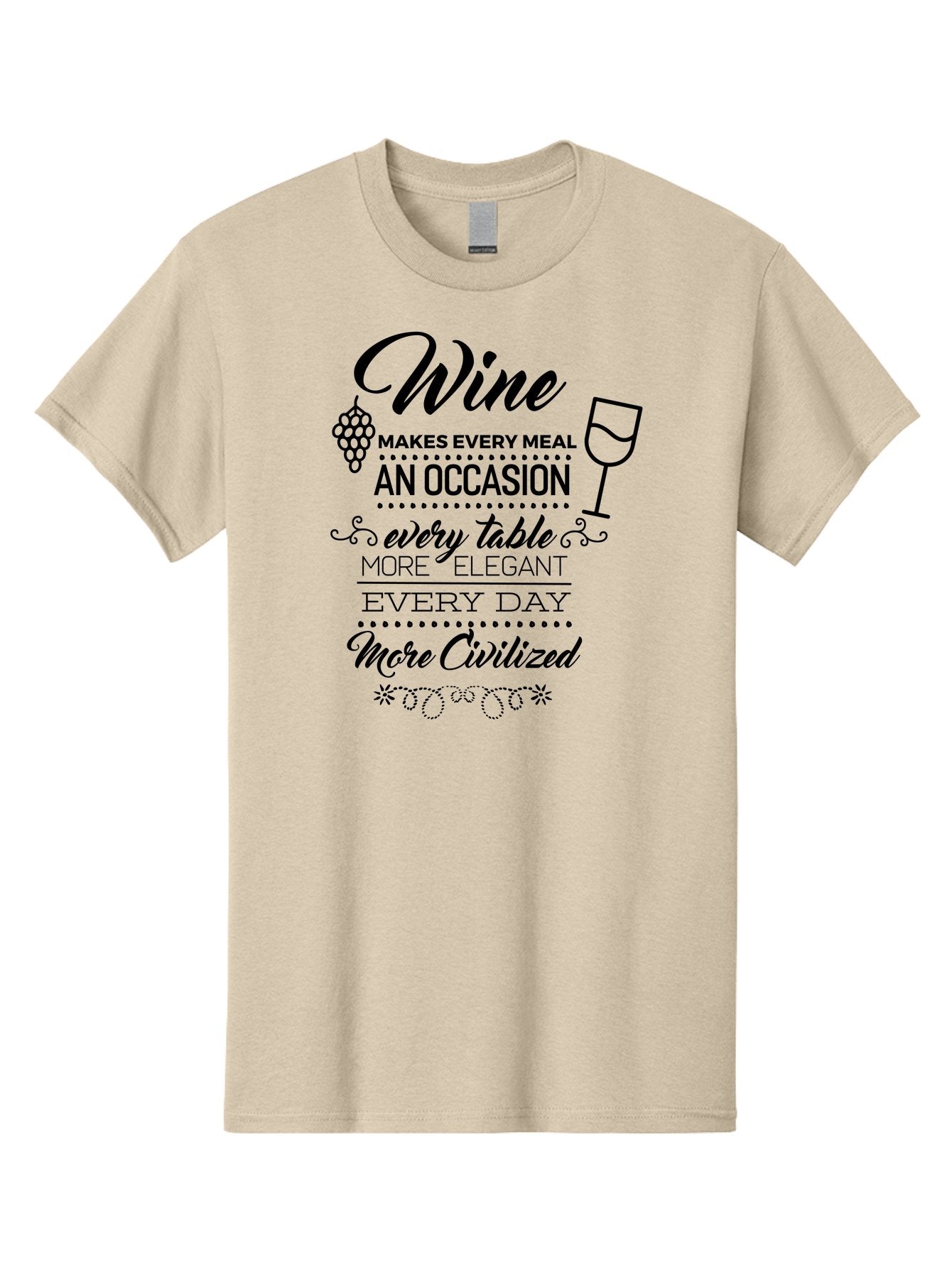 Wine-Makes-Every-Meal Men'S Graphic Tee, 100% Cotton, Comfortable Casual Summer Wear, Machine Washable, Wine Quote, Elegant Table Setting, Fine Dining, Wine And Grapes, Sophisticated Atmosphere, Luxury Lifestyle, Dinner Party, Wine Enthusiasts Aad314 14