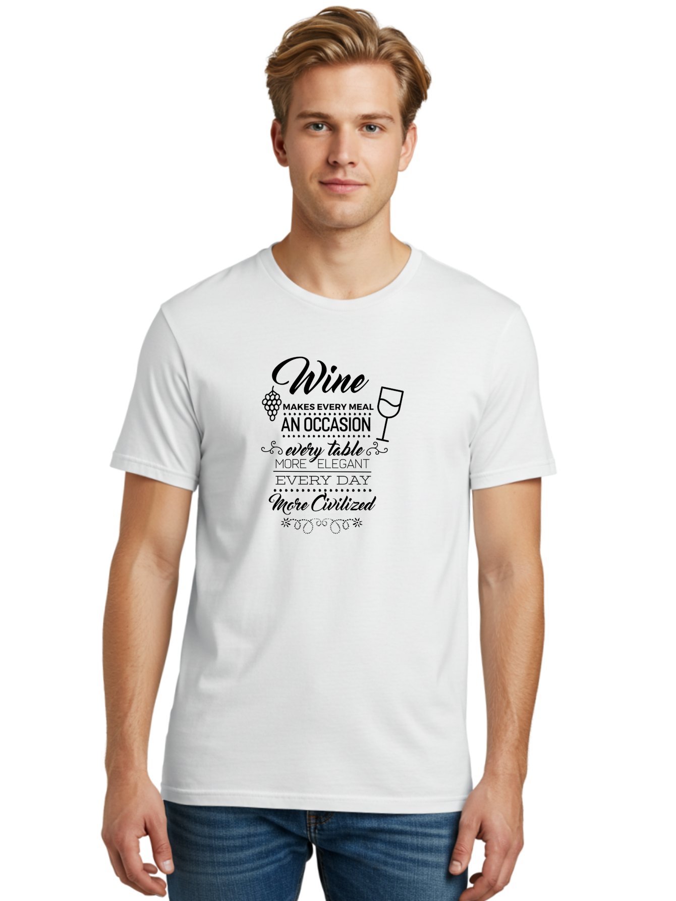 Wine-Makes-Every-Meal Men'S Graphic Tee, 100% Cotton, Comfortable Casual Summer Wear, Machine Washable, Wine Quote, Elegant Table Setting, Fine Dining, Wine And Grapes, Sophisticated Atmosphere, Luxury Lifestyle, Dinner Party, Wine Enthusiasts Aad314 14