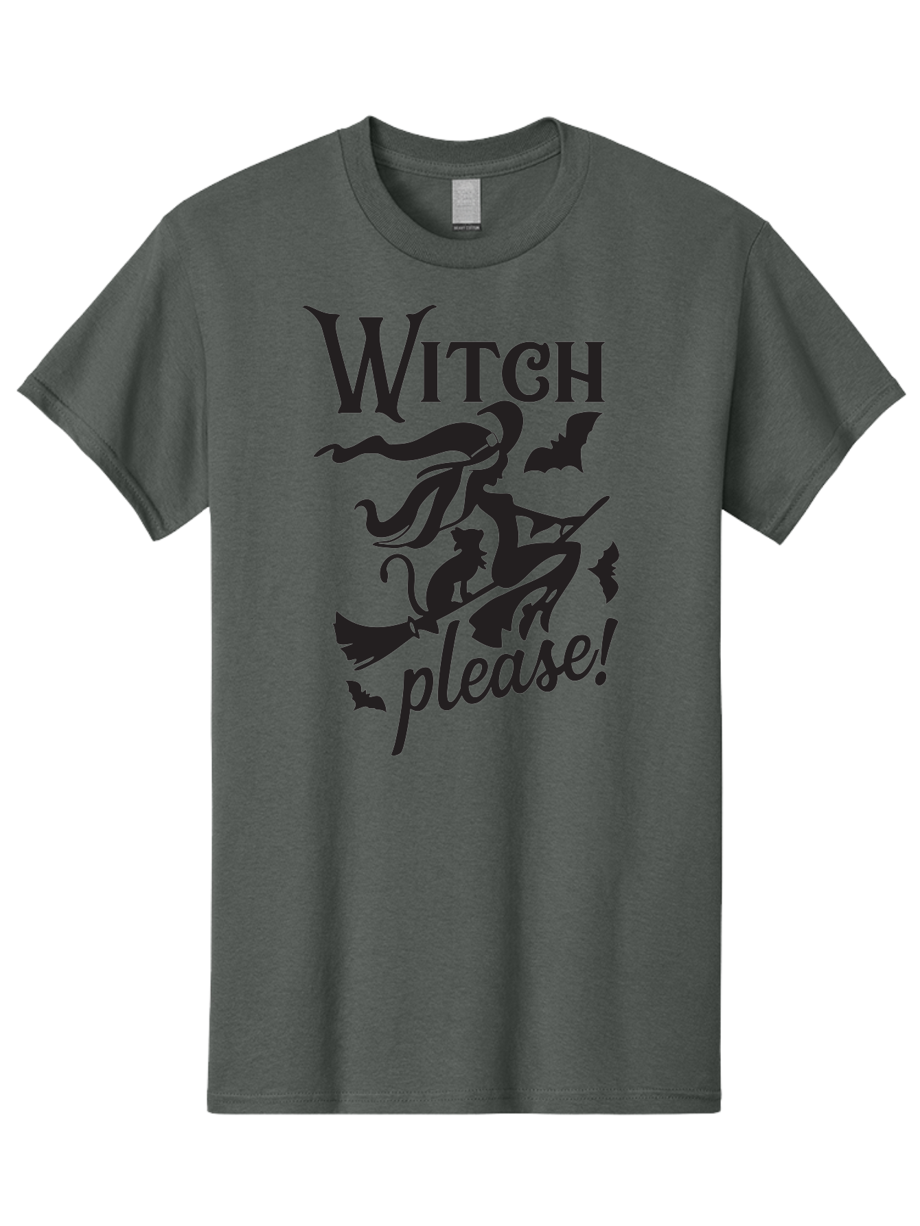 Witch-Please Men'S Graphic Tee, 100% Cotton, Comfortable Casual Summer Wear, Machine Washable, Witch Flying On Broomstick, Black Cat, Bats, Halloween Theme, Mystical, Magical, Spooky Atmosphere, Witchy Vibes, Gothic, Cursive Text Aad315 3