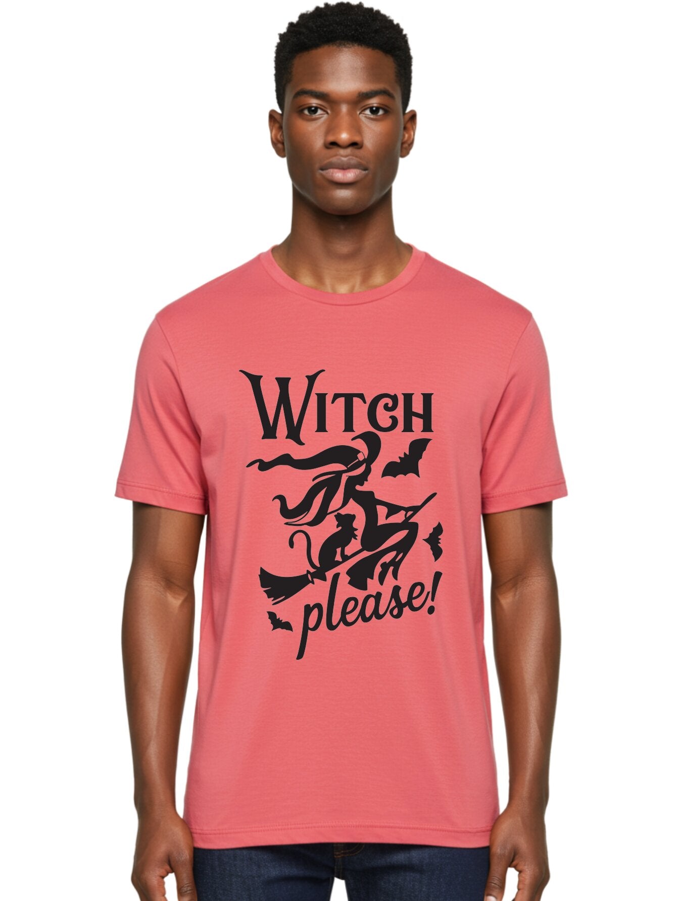 Witch-Please Men'S Graphic Tee, 100% Cotton, Comfortable Casual Summer Wear, Machine Washable, Witch Flying On Broomstick, Black Cat, Bats, Halloween Theme, Mystical, Magical, Spooky Atmosphere, Witchy Vibes, Gothic, Cursive Text Aad315 17