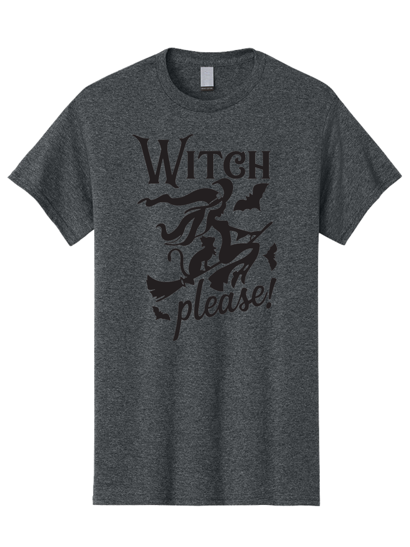 Witch-Please Men'S Graphic Tee, 100% Cotton, Comfortable Casual Summer Wear, Machine Washable, Witch Flying On Broomstick, Black Cat, Bats, Halloween Theme, Mystical, Magical, Spooky Atmosphere, Witchy Vibes, Gothic, Cursive Text Aad315