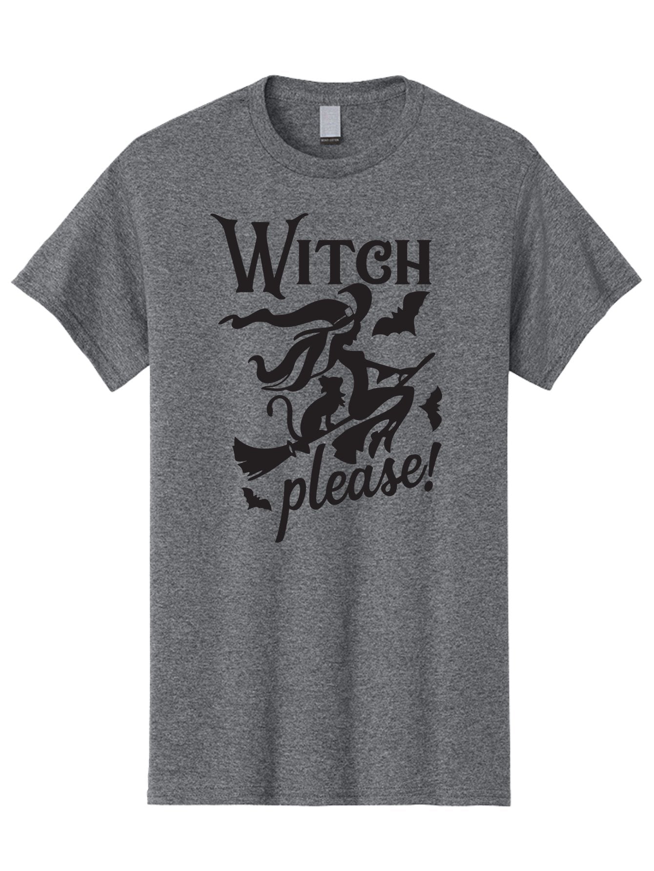 Witch-Please Men'S Graphic Tee, 100% Cotton, Comfortable Casual Summer Wear, Machine Washable, Witch Flying On Broomstick, Black Cat, Bats, Halloween Theme, Mystical, Magical, Spooky Atmosphere, Witchy Vibes, Gothic, Cursive Text Aad315