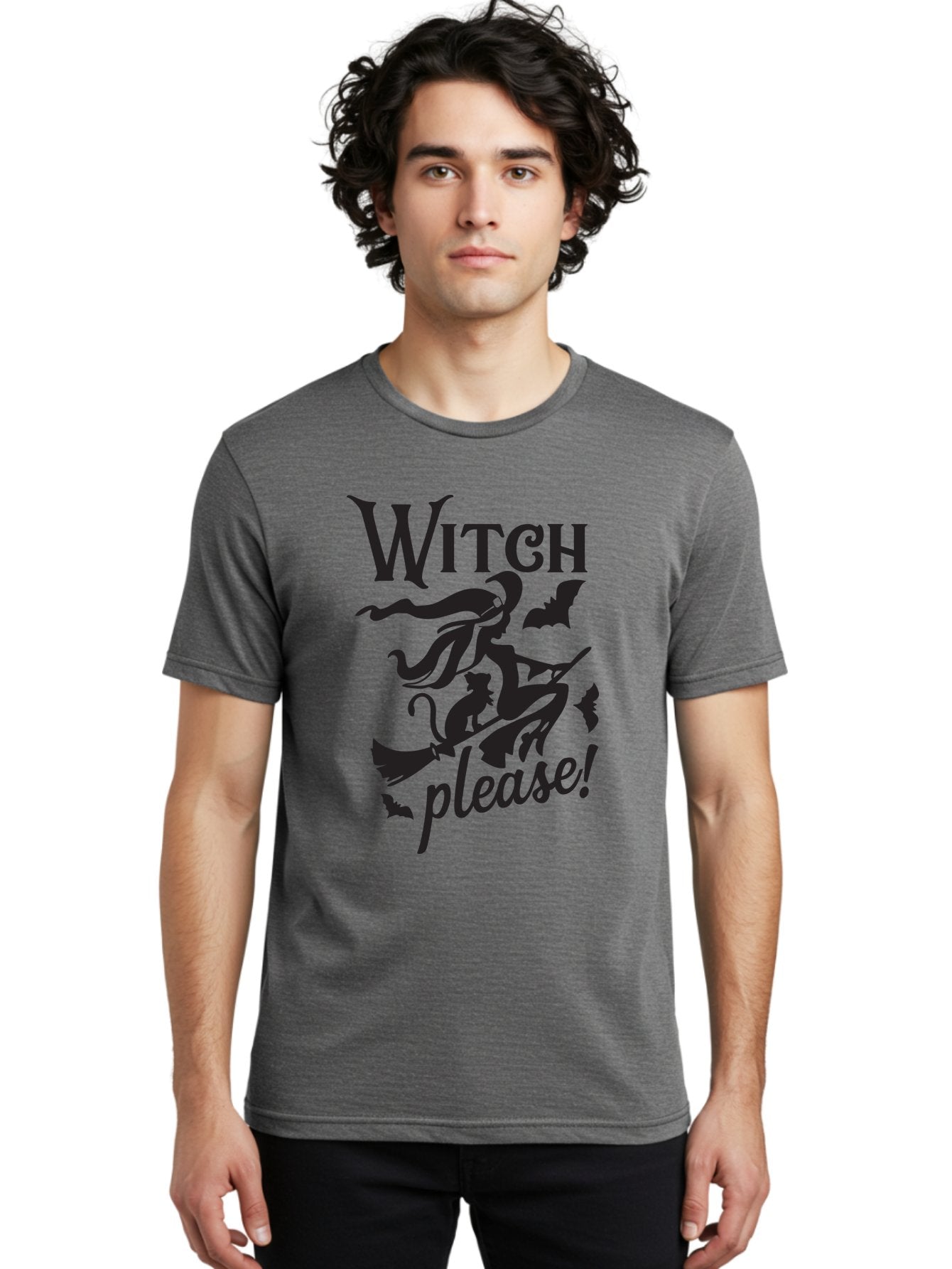 Witch-Please Men'S Graphic Tee, 100% Cotton, Comfortable Casual Summer Wear, Machine Washable, Witch Flying On Broomstick, Black Cat, Bats, Halloween Theme, Mystical, Magical, Spooky Atmosphere, Witchy Vibes, Gothic, Cursive Text Aad315 21