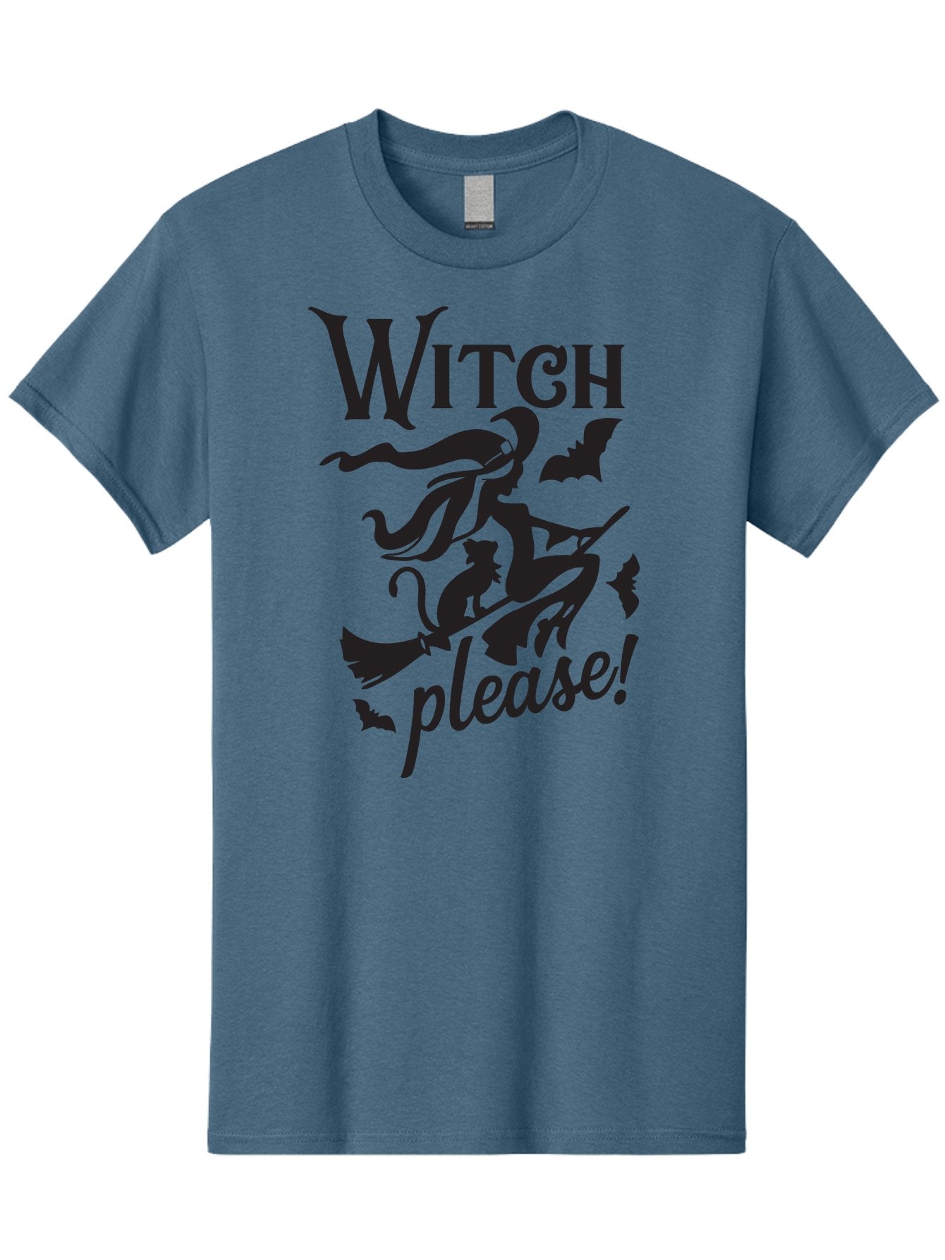 Witch-Please Men'S Graphic Tee, 100% Cotton, Comfortable Casual Summer Wear, Machine Washable, Witch Flying On Broomstick, Black Cat, Bats, Halloween Theme, Mystical, Magical, Spooky Atmosphere, Witchy Vibes, Gothic, Cursive Text Aad315