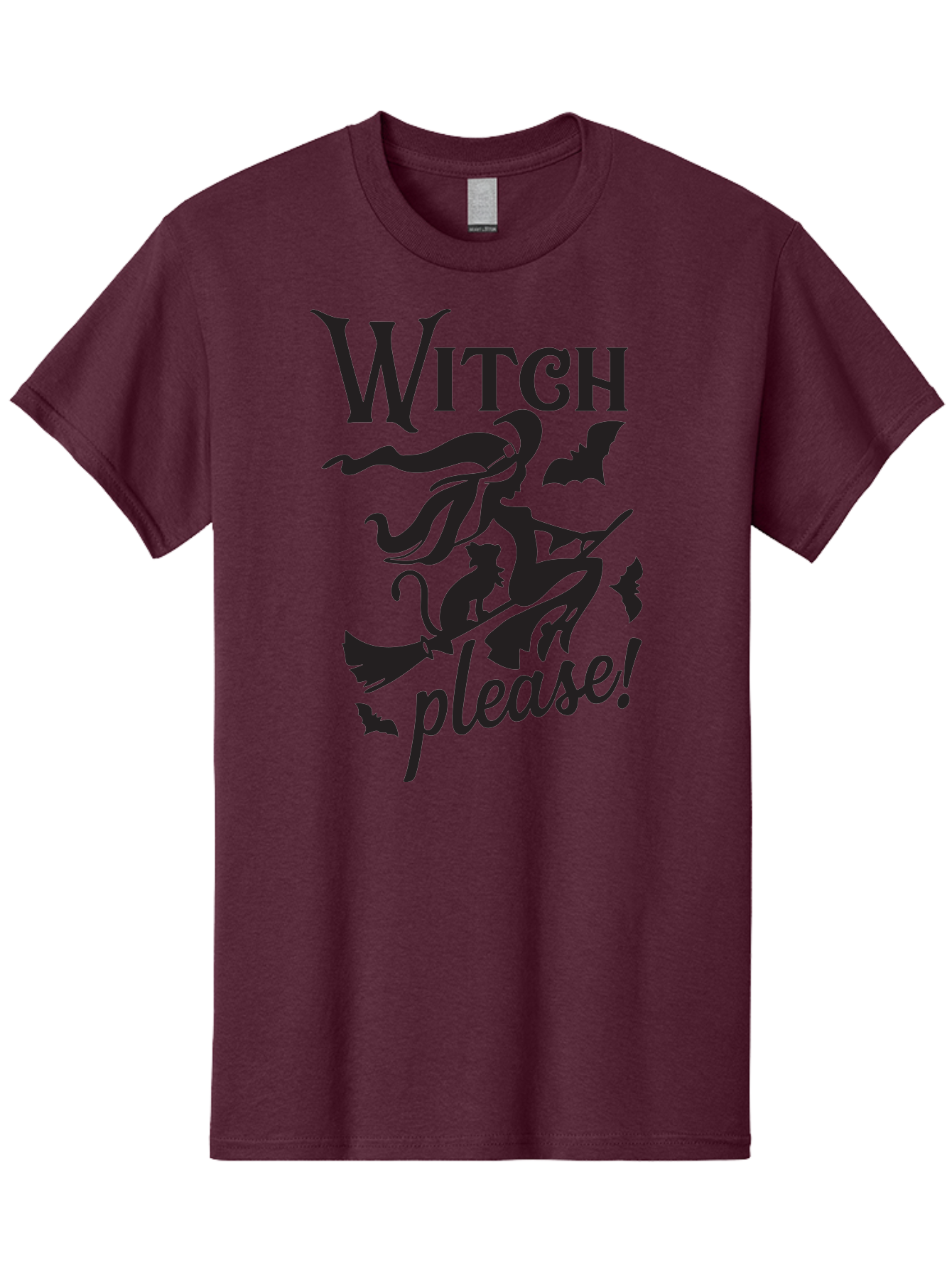 Witch-Please Men'S Graphic Tee, 100% Cotton, Comfortable Casual Summer Wear, Machine Washable, Witch Flying On Broomstick, Black Cat, Bats, Halloween Theme, Mystical, Magical, Spooky Atmosphere, Witchy Vibes, Gothic, Cursive Text Aad315 23