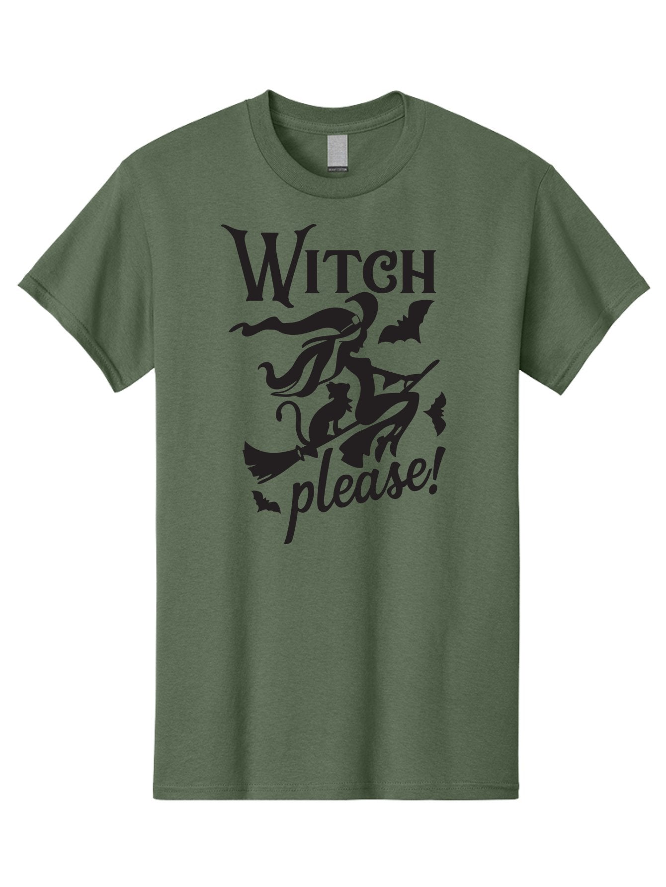 Witch-Please Men'S Graphic Tee, 100% Cotton, Comfortable Casual Summer Wear, Machine Washable, Witch Flying On Broomstick, Black Cat, Bats, Halloween Theme, Mystical, Magical, Spooky Atmosphere, Witchy Vibes, Gothic, Cursive Text Aad315 5