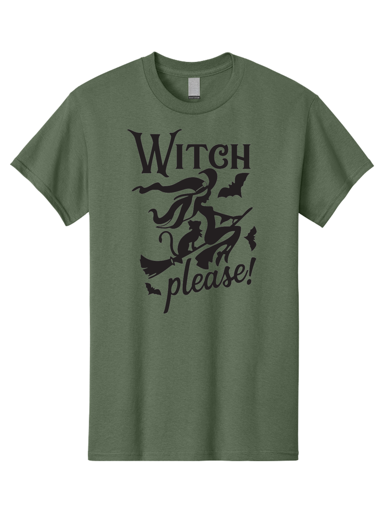 Witch-Please Men'S Graphic Tee, 100% Cotton, Comfortable Casual Summer Wear, Machine Washable, Witch Flying On Broomstick, Black Cat, Bats, Halloween Theme, Mystical, Magical, Spooky Atmosphere, Witchy Vibes, Gothic, Cursive Text Aad315 15