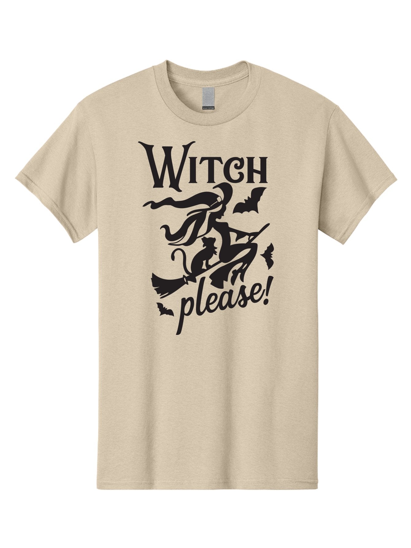 Witch-Please Men'S Graphic Tee, 100% Cotton, Comfortable Casual Summer Wear, Machine Washable, Witch Flying On Broomstick, Black Cat, Bats, Halloween Theme, Mystical, Magical, Spooky Atmosphere, Witchy Vibes, Gothic, Cursive Text Aad315 8