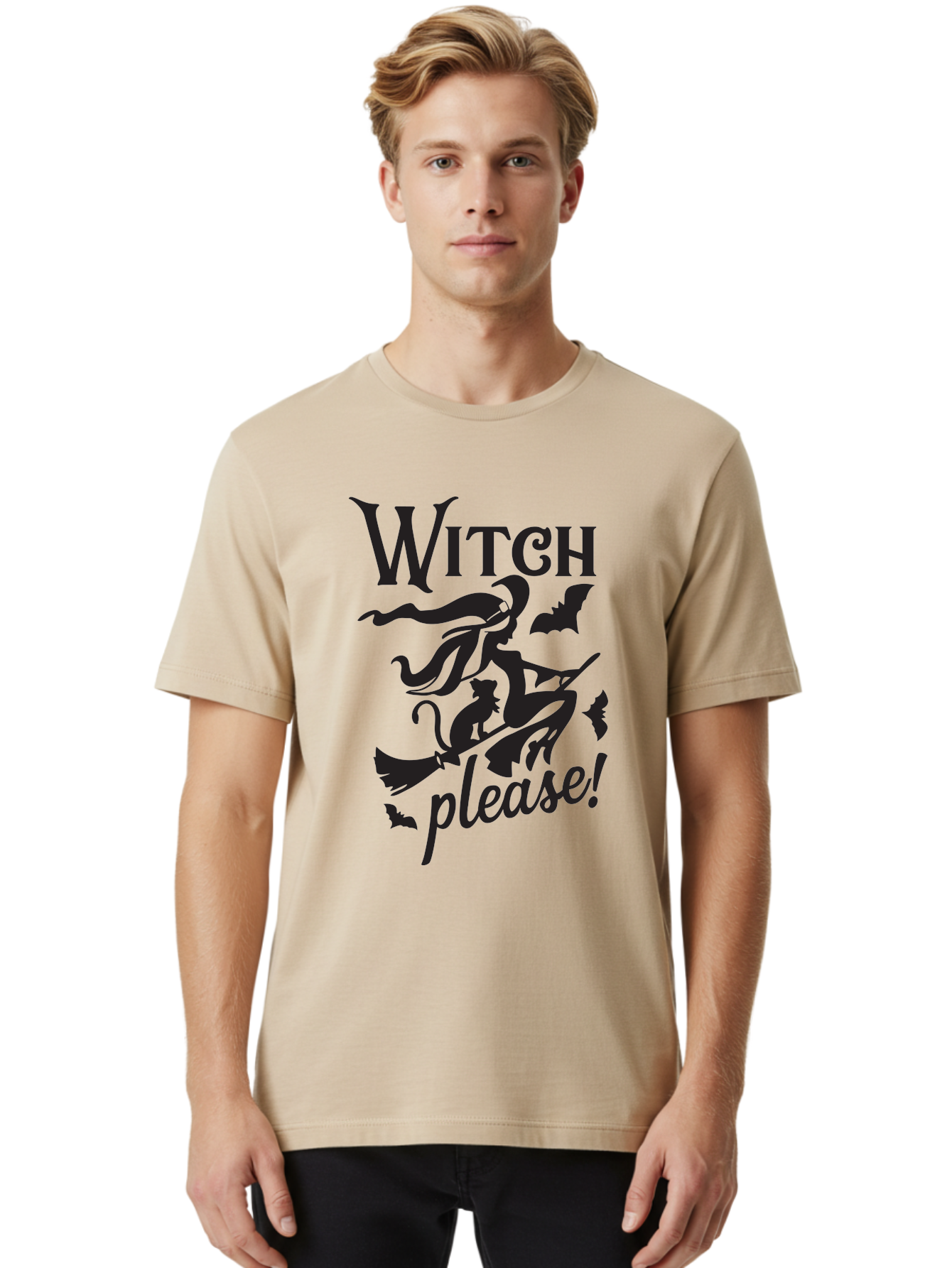 Witch-Please Men'S Graphic Tee, 100% Cotton, Comfortable Casual Summer Wear, Machine Washable, Witch Flying On Broomstick, Black Cat, Bats, Halloween Theme, Mystical, Magical, Spooky Atmosphere, Witchy Vibes, Gothic, Cursive Text Aad315 12