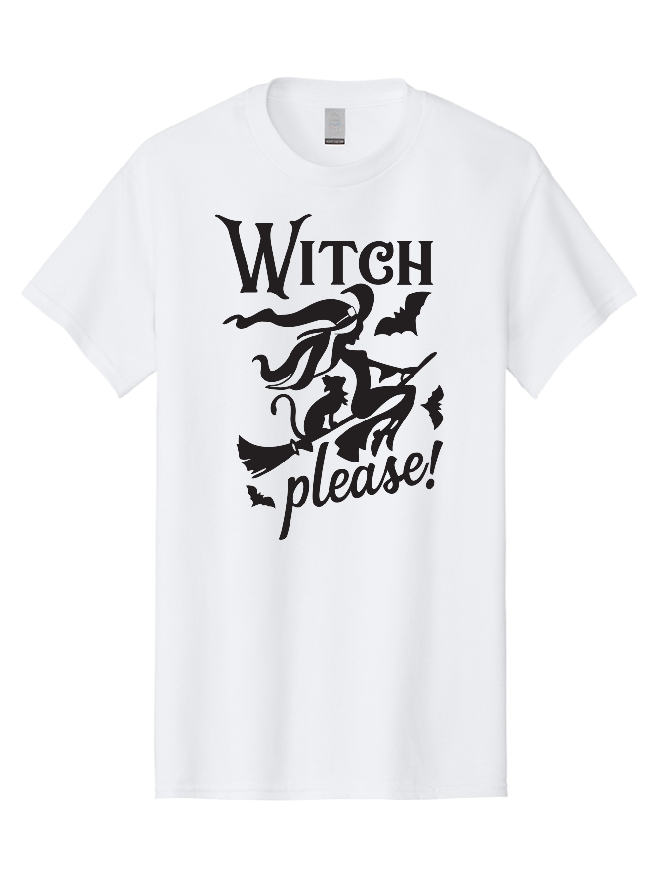 Witch-Please Men'S Graphic Tee, 100% Cotton, Comfortable Casual Summer Wear, Machine Washable, Witch Flying On Broomstick, Black Cat, Bats, Halloween Theme, Mystical, Magical, Spooky Atmosphere, Witchy Vibes, Gothic, Cursive Text Aad315 25