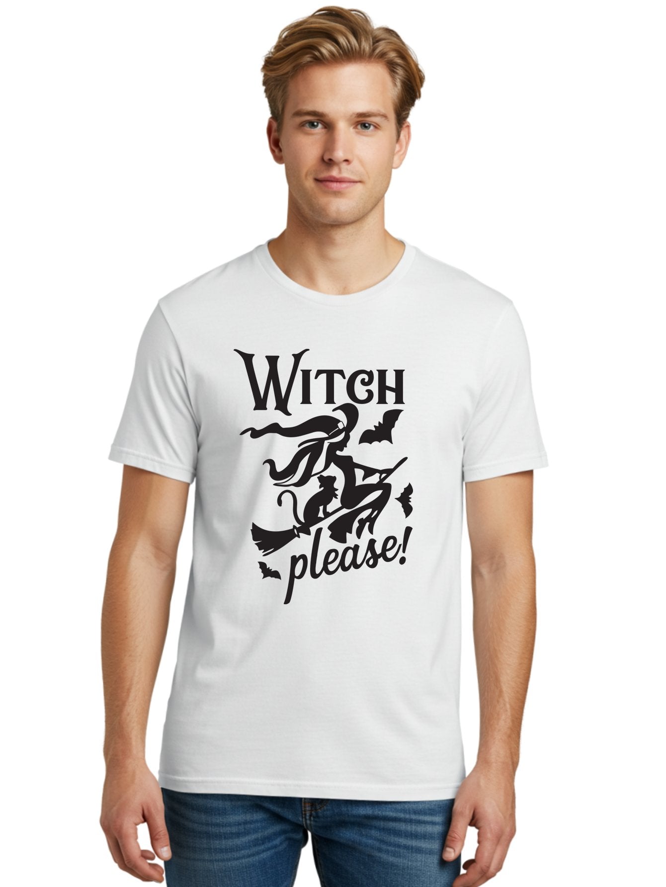 Witch-Please Men'S Graphic Tee, 100% Cotton, Comfortable Casual Summer Wear, Machine Washable, Witch Flying On Broomstick, Black Cat, Bats, Halloween Theme, Mystical, Magical, Spooky Atmosphere, Witchy Vibes, Gothic, Cursive Text Aad315 16