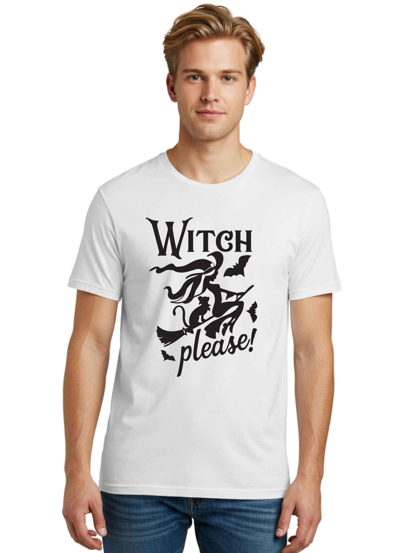 Witch-Please Men'S Graphic Tee, 100% Cotton, Comfortable Casual Summer Wear, Machine Washable, Witch Flying On Broomstick, Black Cat, Bats, Halloween Theme, Mystical, Magical, Spooky Atmosphere, Witchy Vibes, Gothic, Cursive Text Aad315 26