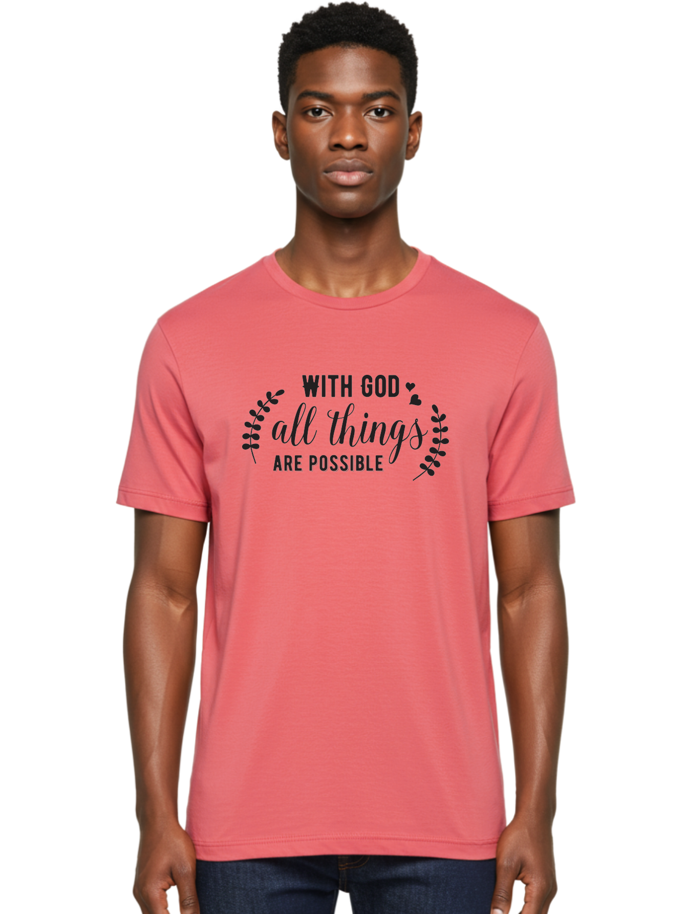 With-God-All-Things-Are-Possible Men'S Graphic Tee, 100% Cotton, Comfortable Casual Summer Wear, Machine Washable, Inspirational Quote, Motivational Phrase, Faith-Based Graphics, Floral Design Elements, Positive Affirmation, Heart Symbols, Aad316 16
