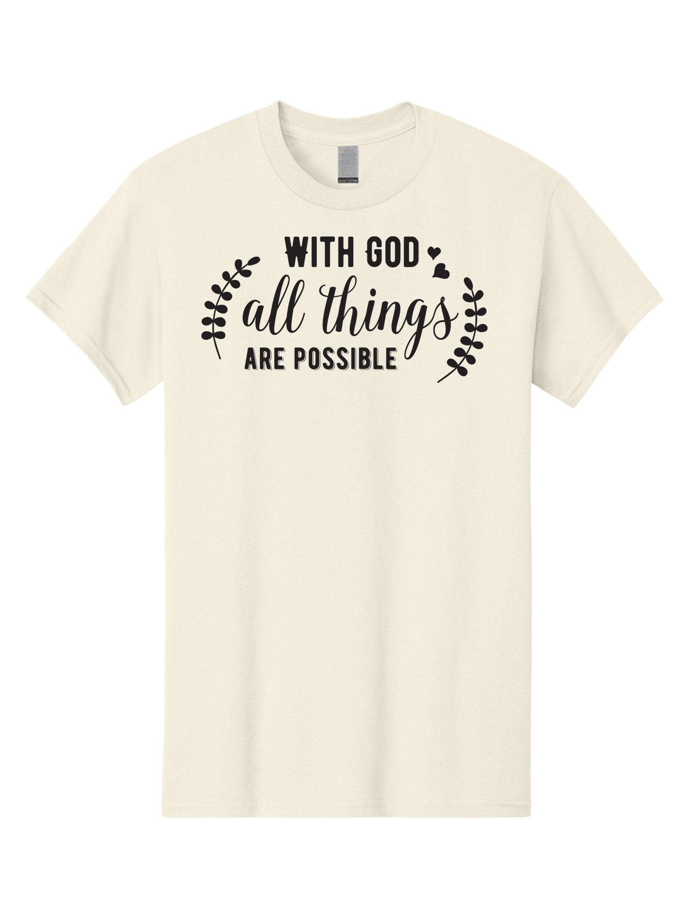 With-God-All-Things-Are-Possible Men'S Graphic Tee, 100% Cotton, Comfortable Casual Summer Wear, Machine Washable, Inspirational Quote, Motivational Phrase, Faith-Based Graphics, Floral Design Elements, Positive Affirmation, Heart Symbols, Aad316